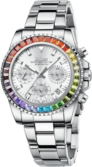 FANMIS Women Colorful Diamond Watches Chronograph Rotatable Bezel Mineral Glass Luminous Watch Stainless Steel Waterproof Date Analog Quartz Watch Fashion Business Dress Wristwatch