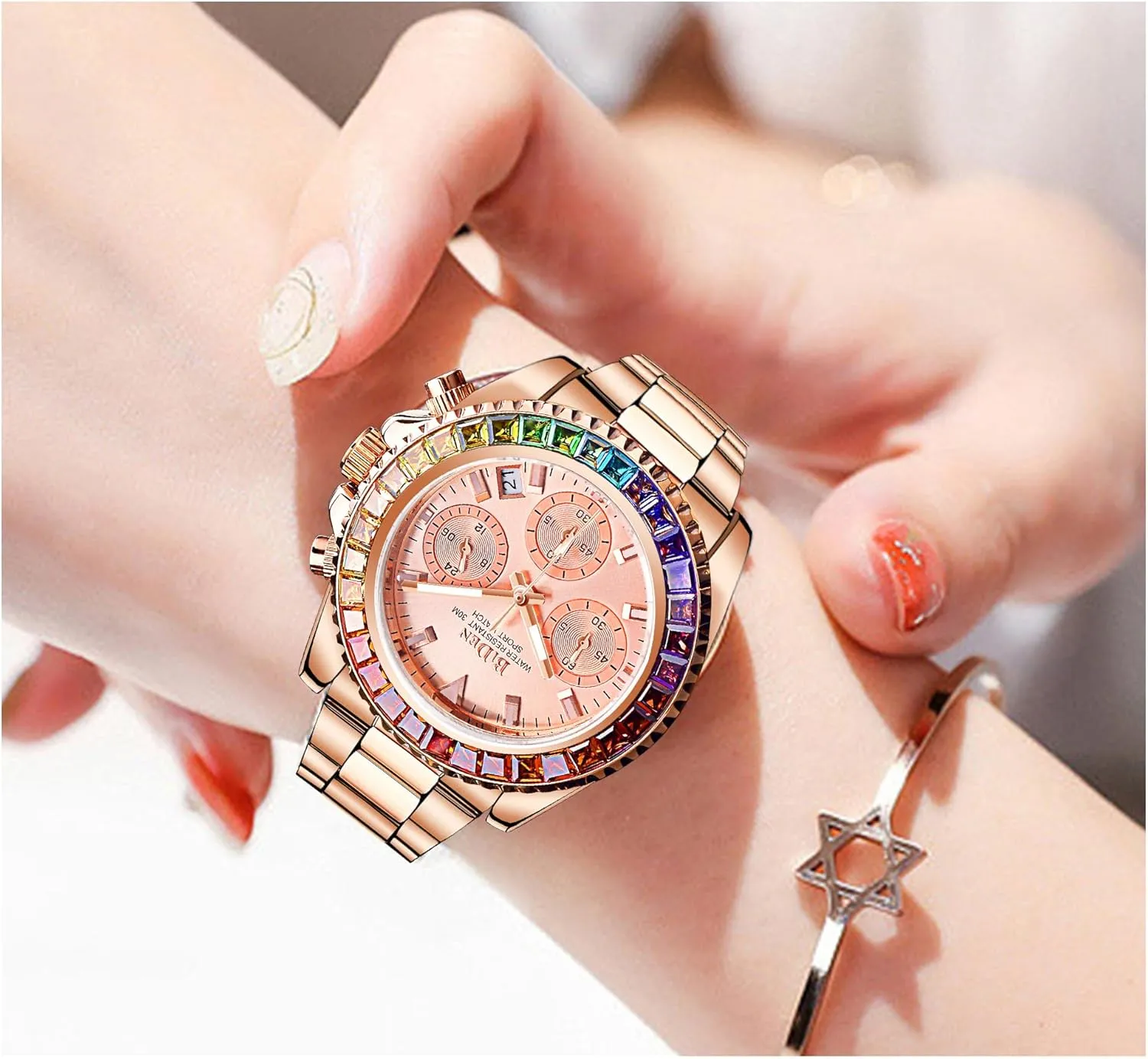 FANMIS Women Colorful Diamond Watches Chronograph Rotatable Bezel Mineral Glass Luminous Watch Stainless Steel Waterproof Date Analog Quartz Watch Fashion Business Dress Wristwatch