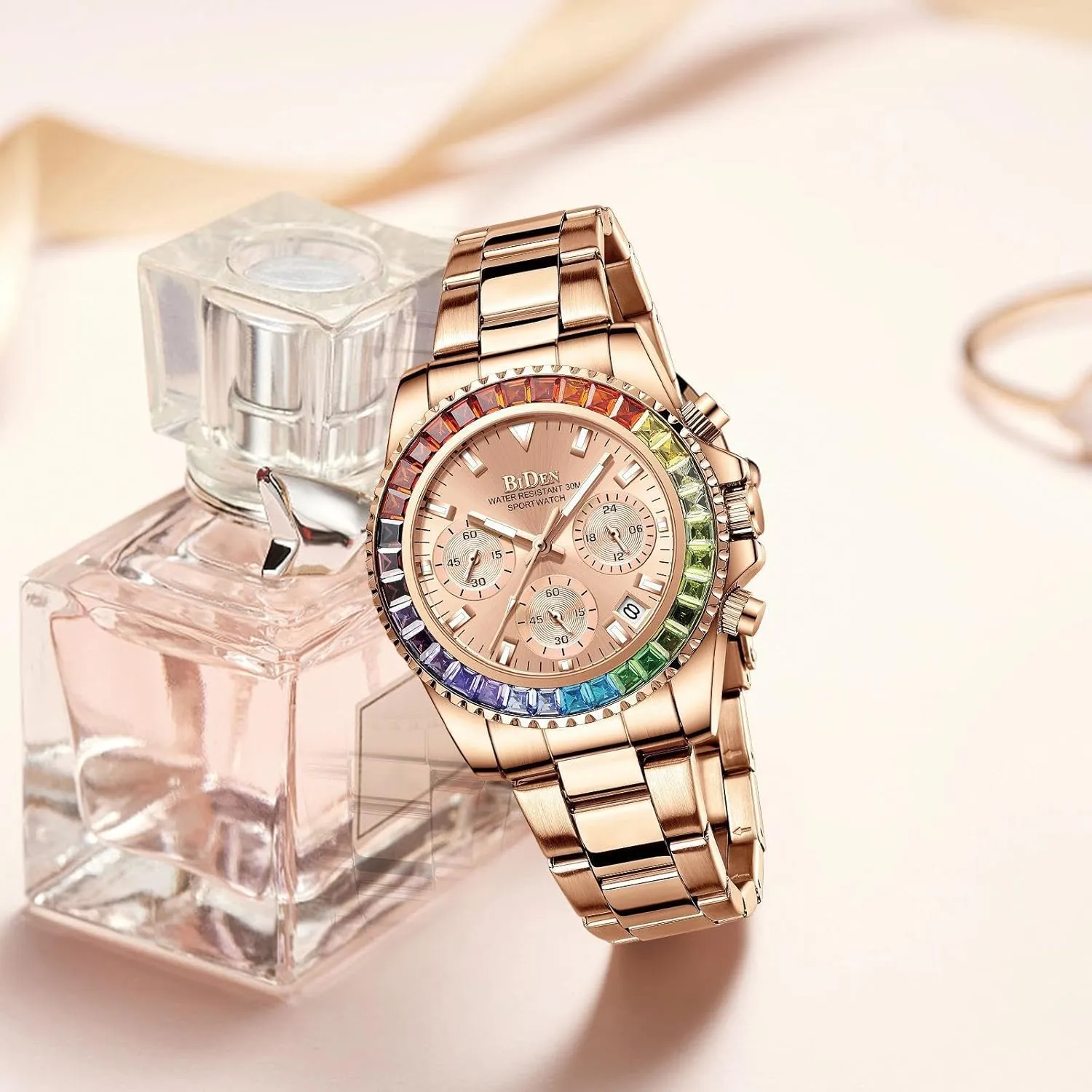 FANMIS Women Colorful Diamond Watches Chronograph Rotatable Bezel Mineral Glass Luminous Watch Stainless Steel Waterproof Date Analog Quartz Watch Fashion Business Dress Wristwatch