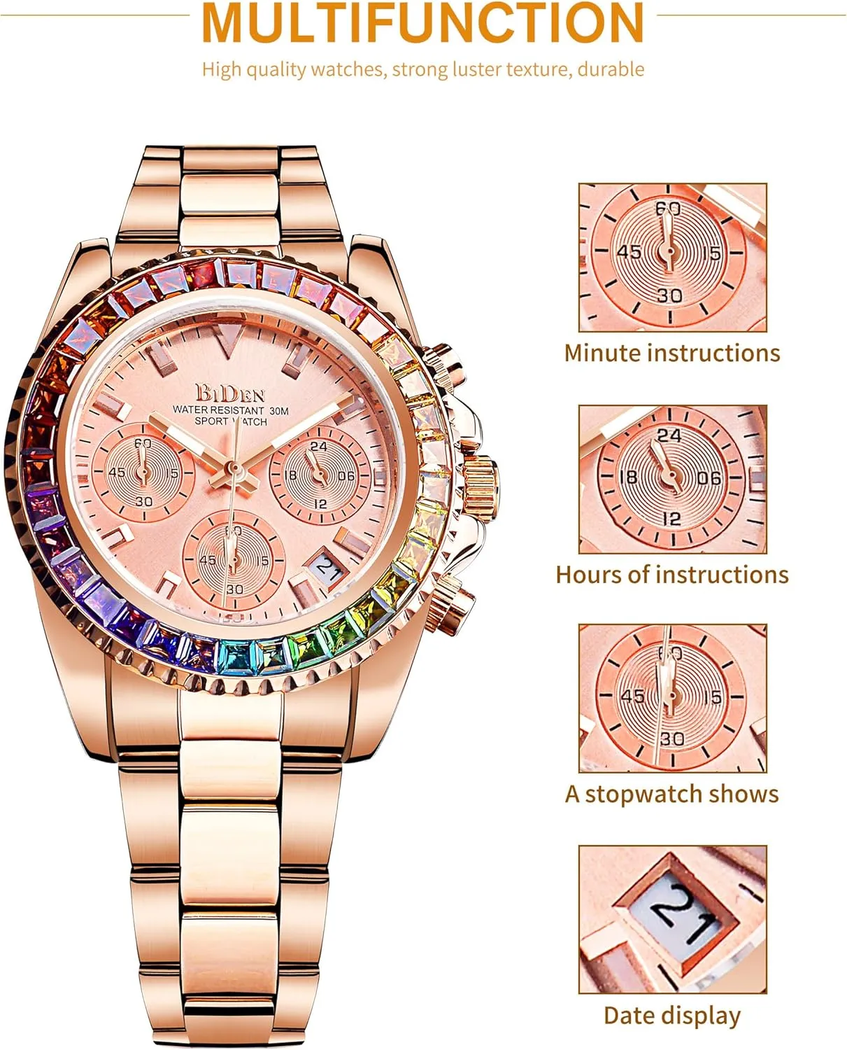FANMIS Women Colorful Diamond Watches Chronograph Rotatable Bezel Mineral Glass Luminous Watch Stainless Steel Waterproof Date Analog Quartz Watch Fashion Business Dress Wristwatch