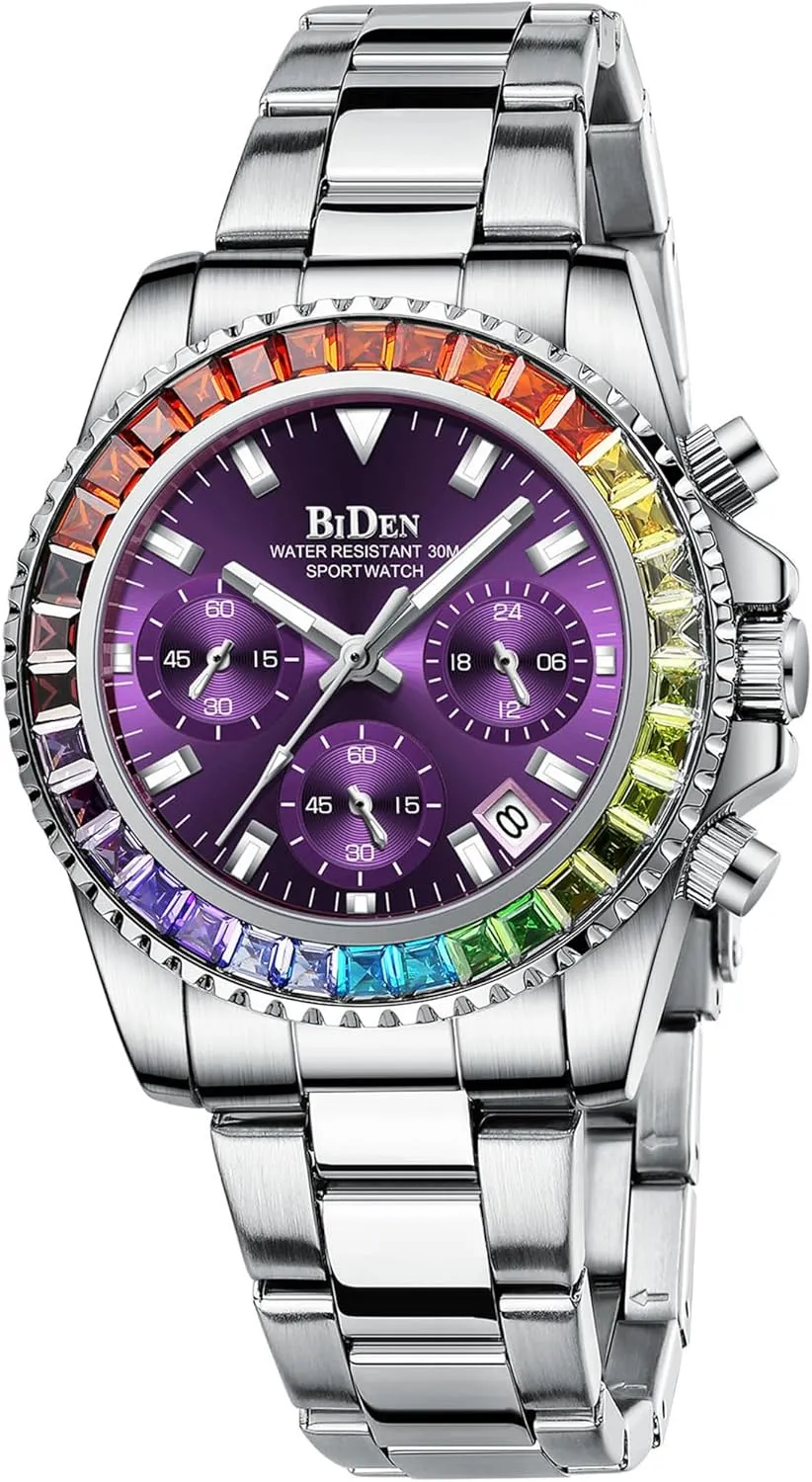 FANMIS Women Colorful Diamond Watches Chronograph Rotatable Bezel Mineral Glass Luminous Watch Stainless Steel Waterproof Date Analog Quartz Watch Fashion Business Dress Wristwatch