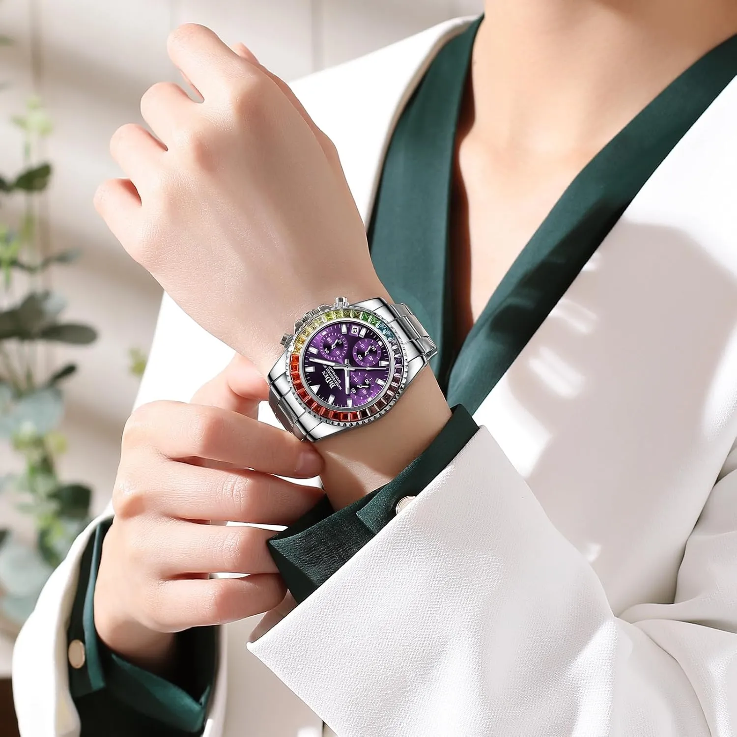 FANMIS Women Colorful Diamond Watches Chronograph Rotatable Bezel Mineral Glass Luminous Watch Stainless Steel Waterproof Date Analog Quartz Watch Fashion Business Dress Wristwatch