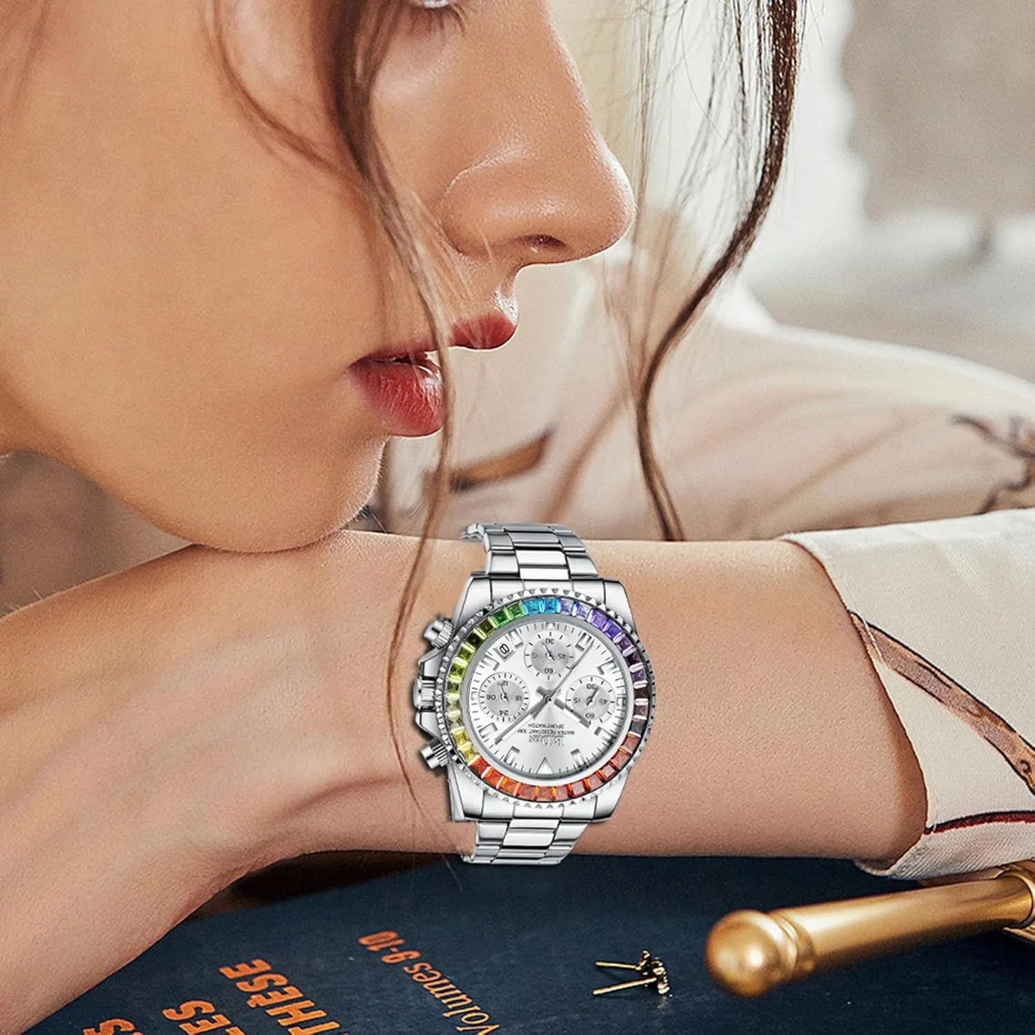 FANMIS Women Colorful Diamond Watches Chronograph Rotatable Bezel Mineral Glass Luminous Watch Stainless Steel Waterproof Date Analog Quartz Watch Fashion Business Dress Wristwatch