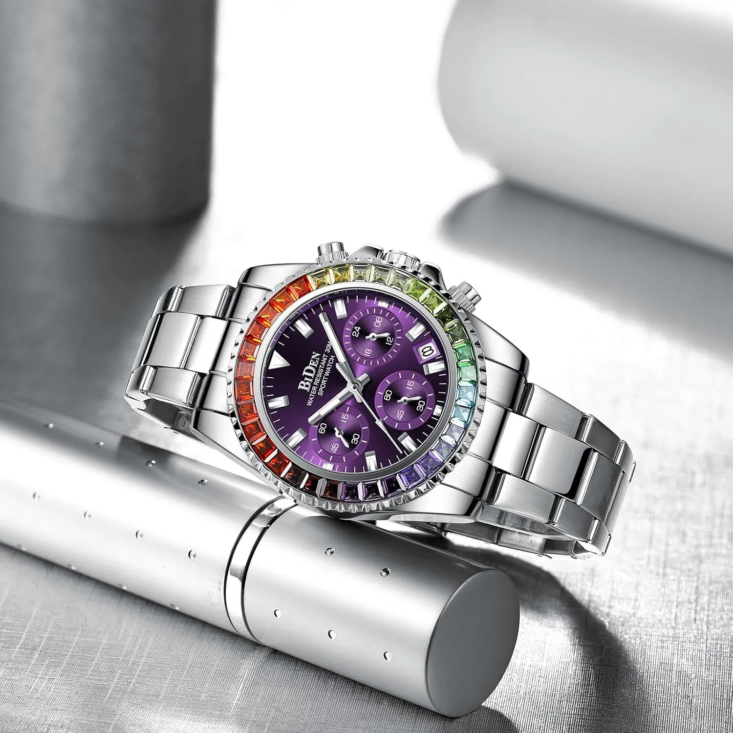 FANMIS Women Colorful Diamond Watches Chronograph Rotatable Bezel Mineral Glass Luminous Watch Stainless Steel Waterproof Date Analog Quartz Watch Fashion Business Dress Wristwatch