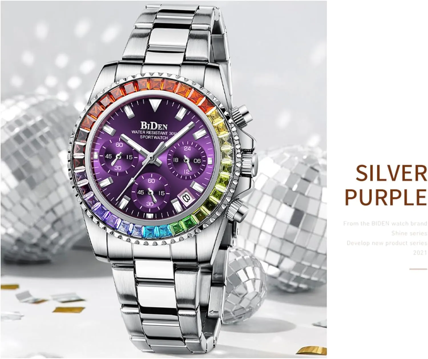 FANMIS Women Colorful Diamond Watches Chronograph Rotatable Bezel Mineral Glass Luminous Watch Stainless Steel Waterproof Date Analog Quartz Watch Fashion Business Dress Wristwatch