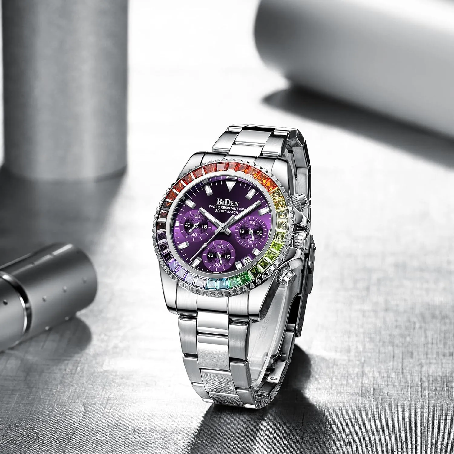FANMIS Women Colorful Diamond Watches Chronograph Rotatable Bezel Mineral Glass Luminous Watch Stainless Steel Waterproof Date Analog Quartz Watch Fashion Business Dress Wristwatch