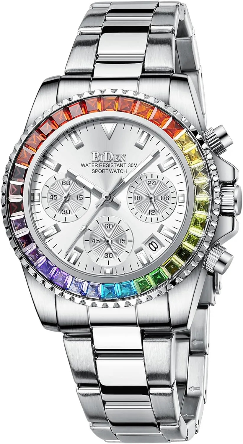 FANMIS Women Colorful Diamond Watches Chronograph Rotatable Bezel Mineral Glass Luminous Watch Stainless Steel Waterproof Date Analog Quartz Watch Fashion Business Dress Wristwatch
