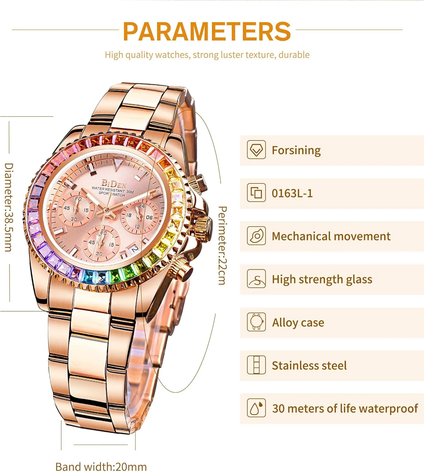FANMIS Women Colorful Diamond Watches Chronograph Rotatable Bezel Mineral Glass Luminous Watch Stainless Steel Waterproof Date Analog Quartz Watch Fashion Business Dress Wristwatch