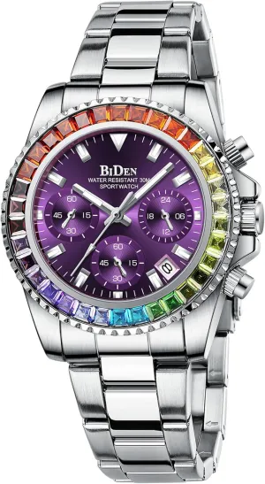 FANMIS Women Colorful Diamond Watches Chronograph Rotatable Bezel Mineral Glass Luminous Watch Stainless Steel Waterproof Date Analog Quartz Watch Fashion Business Dress Wristwatch