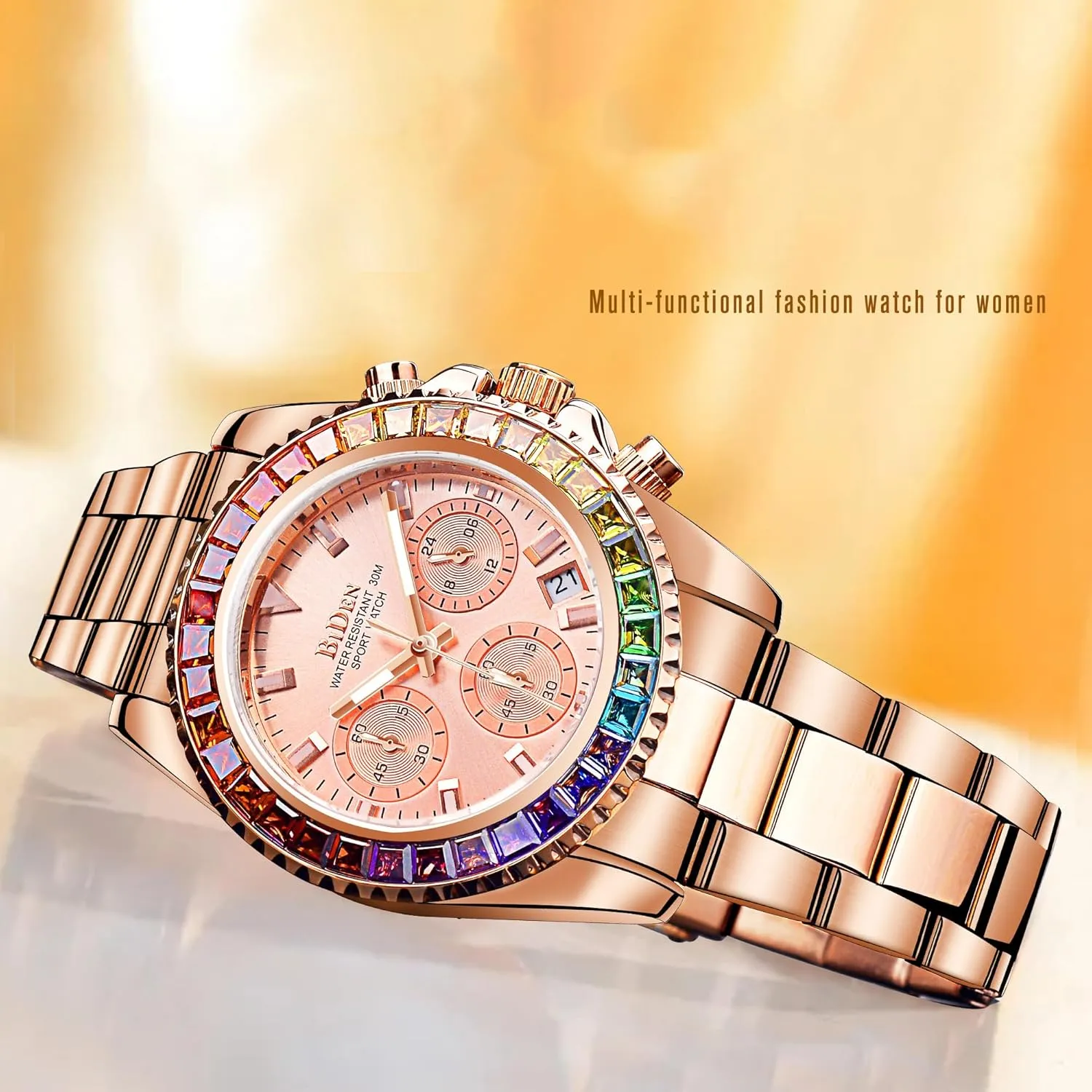 FANMIS Women Colorful Diamond Watches Chronograph Rotatable Bezel Mineral Glass Luminous Watch Stainless Steel Waterproof Date Analog Quartz Watch Fashion Business Dress Wristwatch