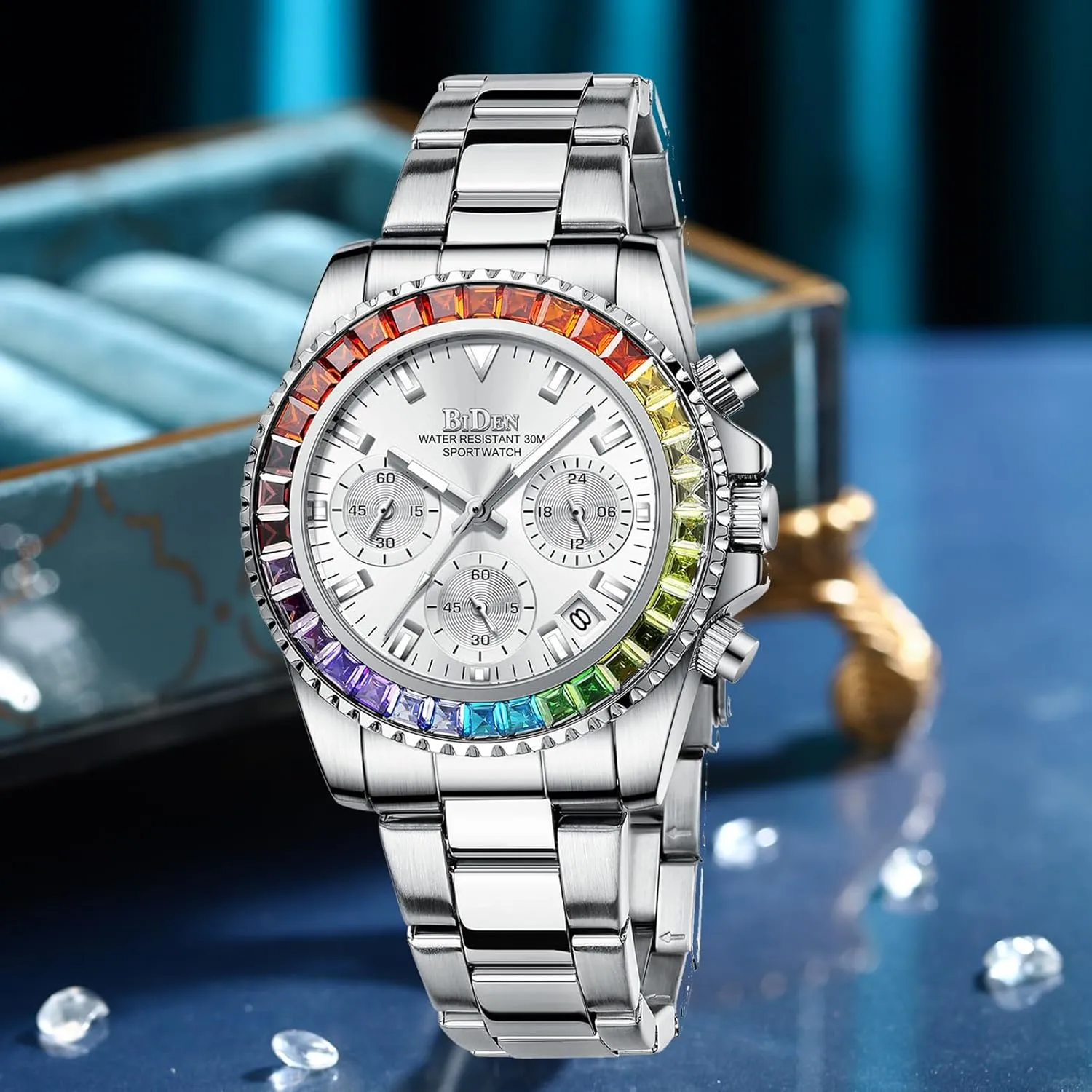 FANMIS Women Colorful Diamond Watches Chronograph Rotatable Bezel Mineral Glass Luminous Watch Stainless Steel Waterproof Date Analog Quartz Watch Fashion Business Dress Wristwatch