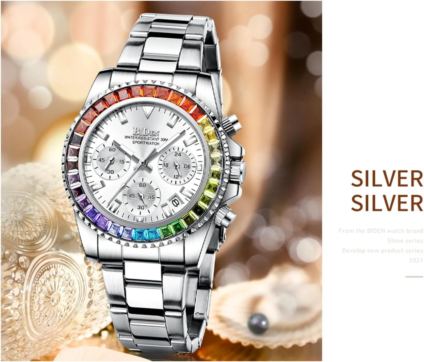 FANMIS Women Colorful Diamond Watches Chronograph Rotatable Bezel Mineral Glass Luminous Watch Stainless Steel Waterproof Date Analog Quartz Watch Fashion Business Dress Wristwatch