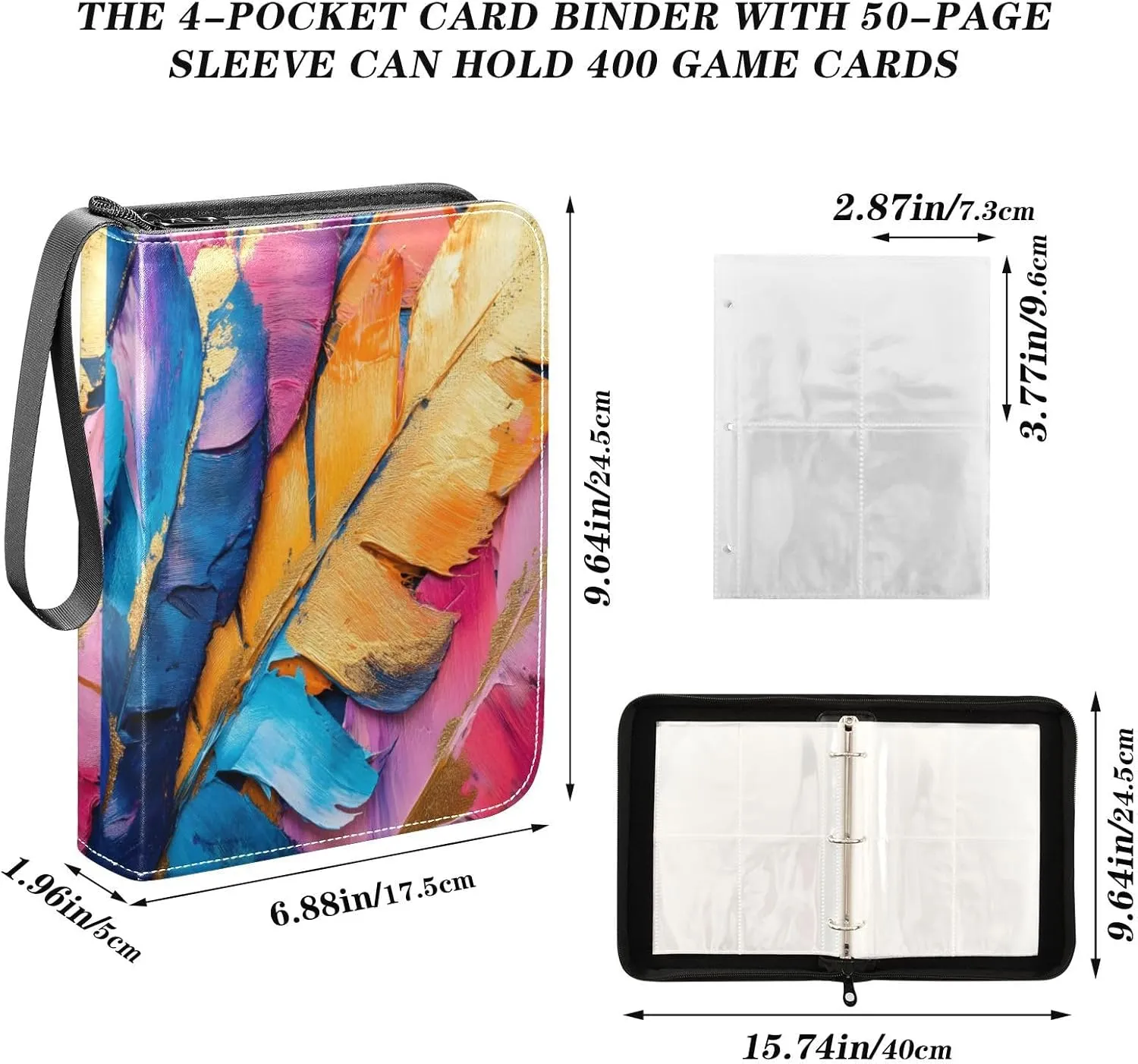 Feathers Colorful Trading Card Holder Binder, 3ring Binder Cards 400 Cards Capacity Card Collectors Album