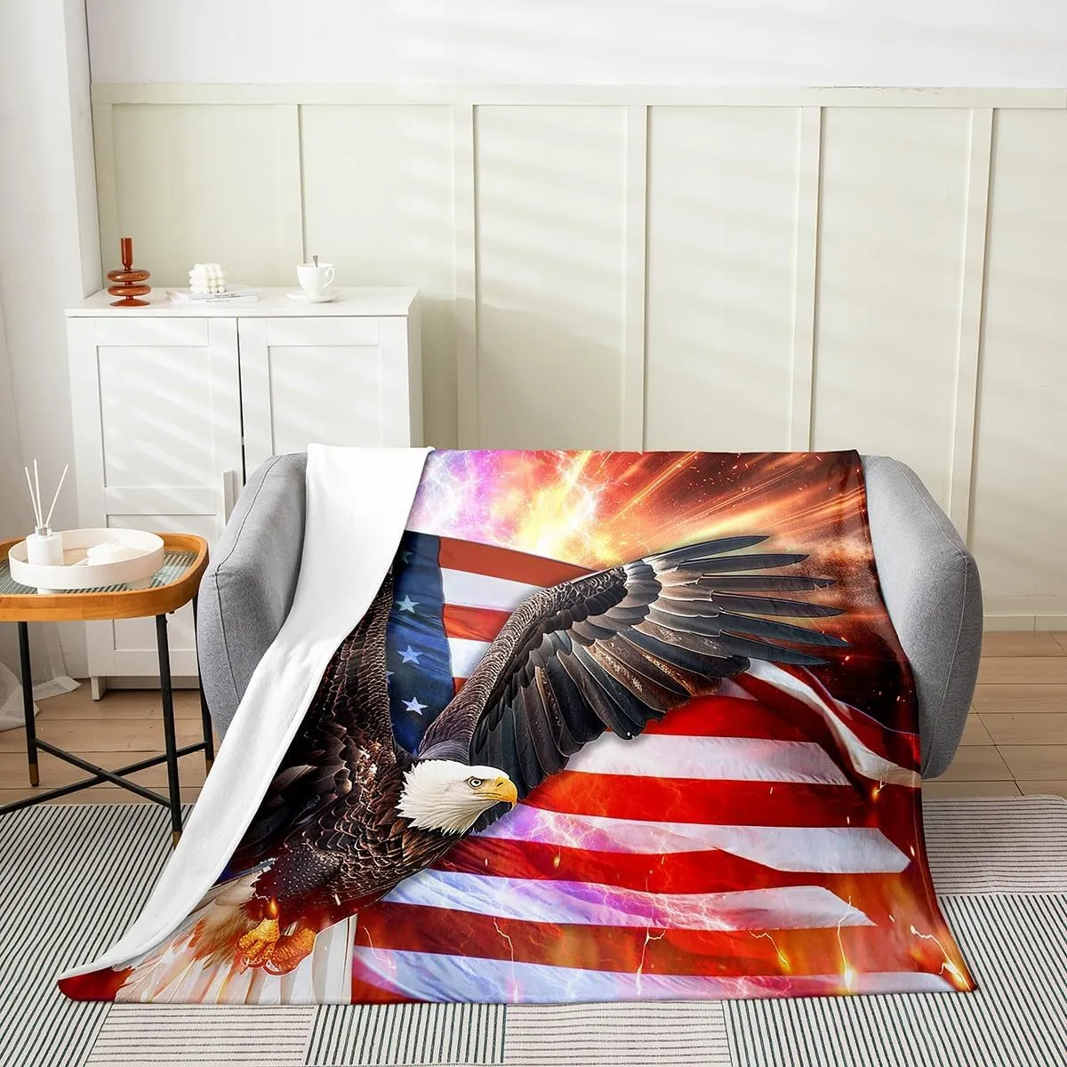Feelyou American Flag Flannel Fleece Blanket Twin 60"x80" Aniaml Eagle Flannel Fleece Blanket for Sofa Couch Kids Wildlife Soft Plush Throw Blanket for Sofa Couch Independence Day