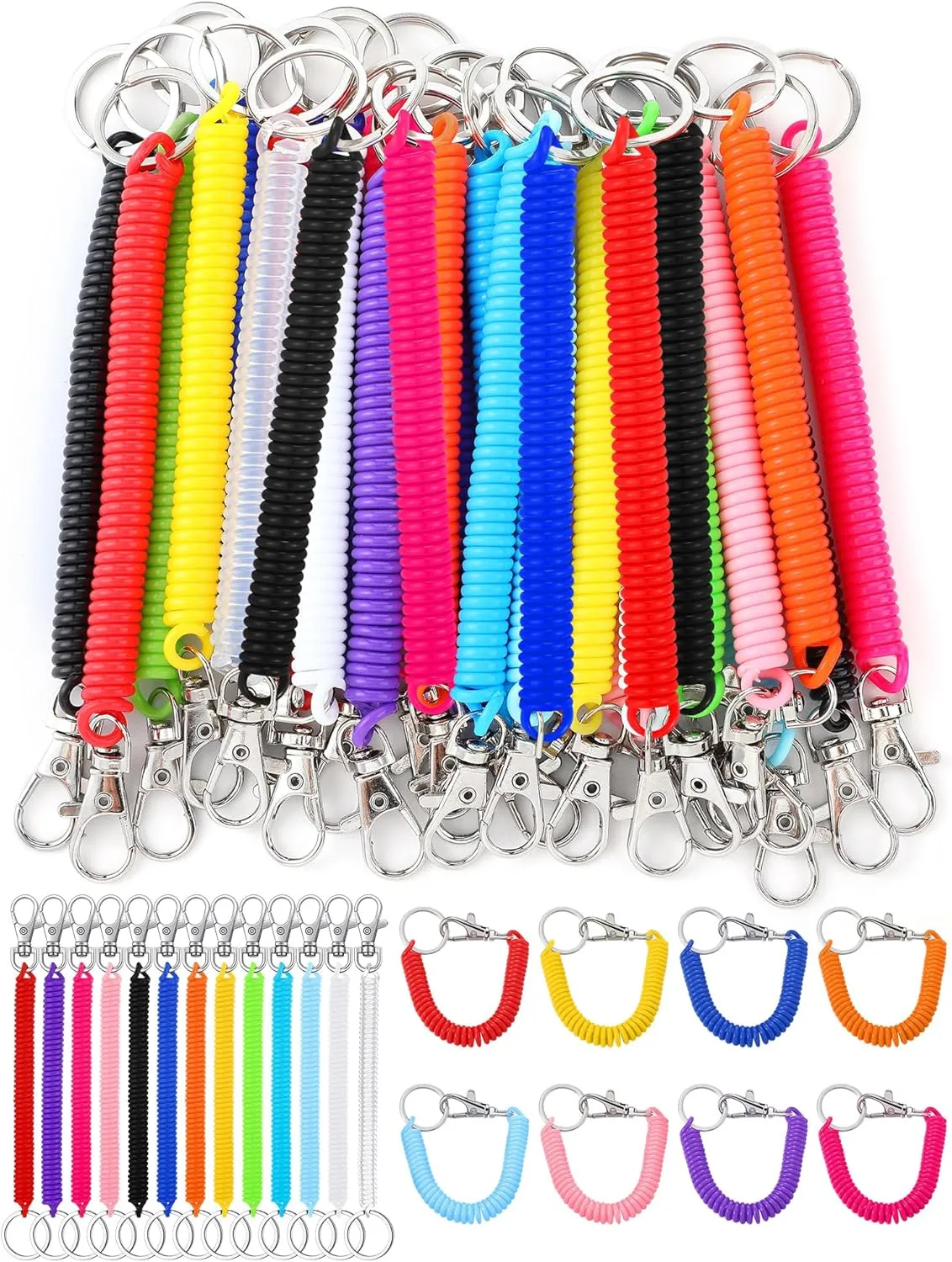 Fiada 50 Pcs Coil Lanyard Bulk Retractable Spring Spiral Wrist Coil Key Chains Stretchy Key Ring Safety Anti Lost Spiral Cord Keychain with Lobster Clasp for Purse Keys Wallet Cellphone