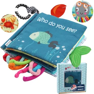 Fish Soft Baby Book,Touch and Feel Cloth Crinkle Books for Babies, Infant Baby Toys 0-3-6-12-18 Months,Early Learning Education Mirror Toy,Shower Gifts Easter for Boys Girls-GIF Box