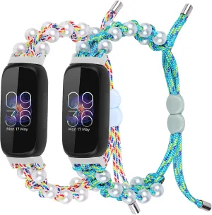 FitTurn 2pack Bands Compatible with Fitbit Inspire 3 Health & Fitness Tracker, Replacement Pearl Rope Adjustable Bracelet Braided Nylon Friendship Strap Accessories Bands Men Women Gift Girls