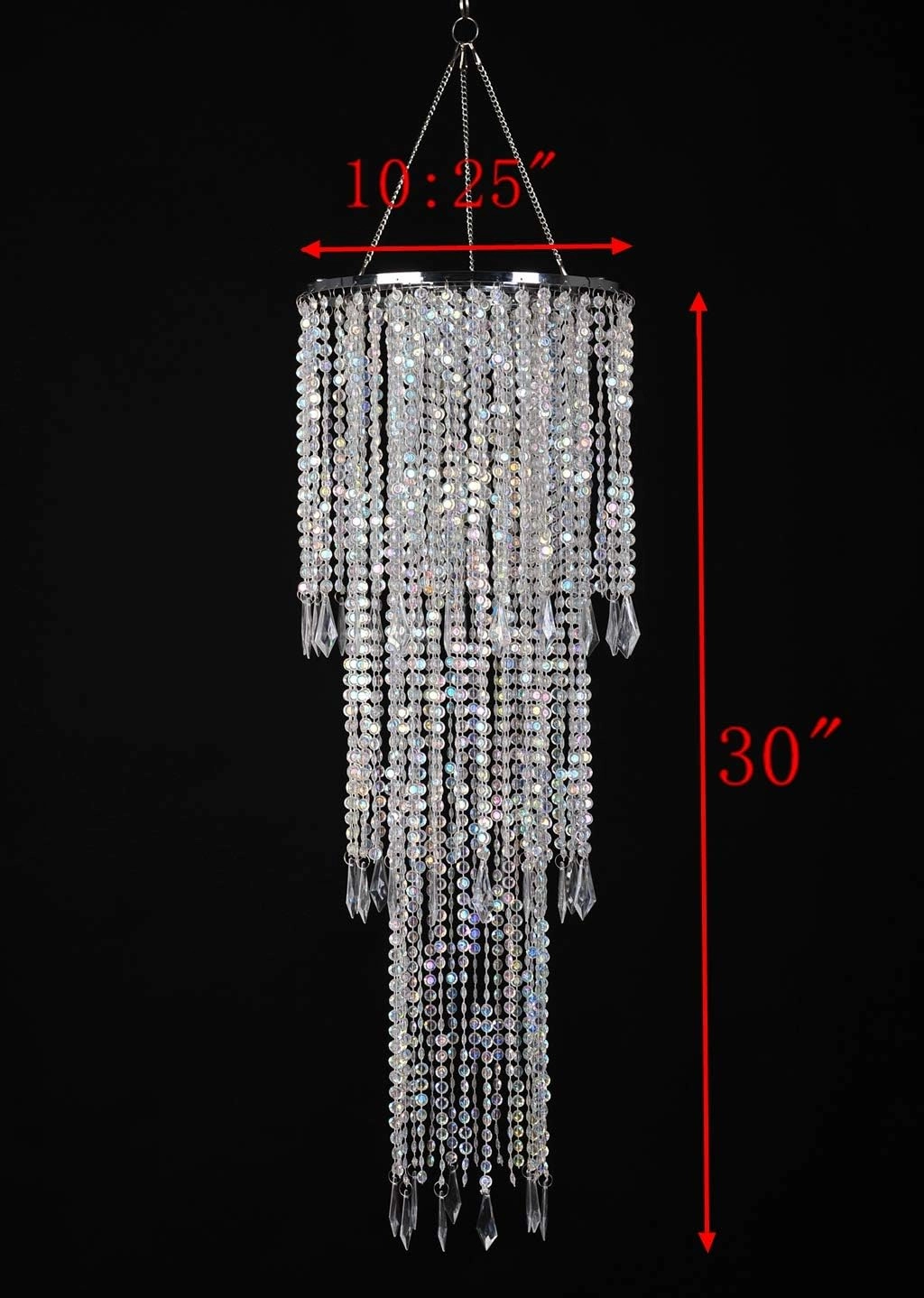 FlavorThings Sparkling Iridescent Acrylic Beaded Hanging Chandelier, 3 Tiers, 10.25" Diameter x 30" Tall, Indoor, Iridescent