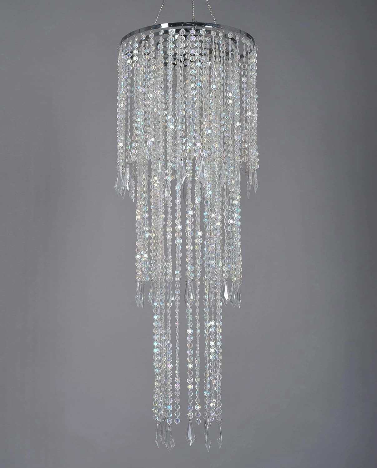 FlavorThings Sparkling Iridescent Acrylic Beaded Hanging Chandelier, 3 Tiers, 10.25" Diameter x 30" Tall, Indoor, Iridescent