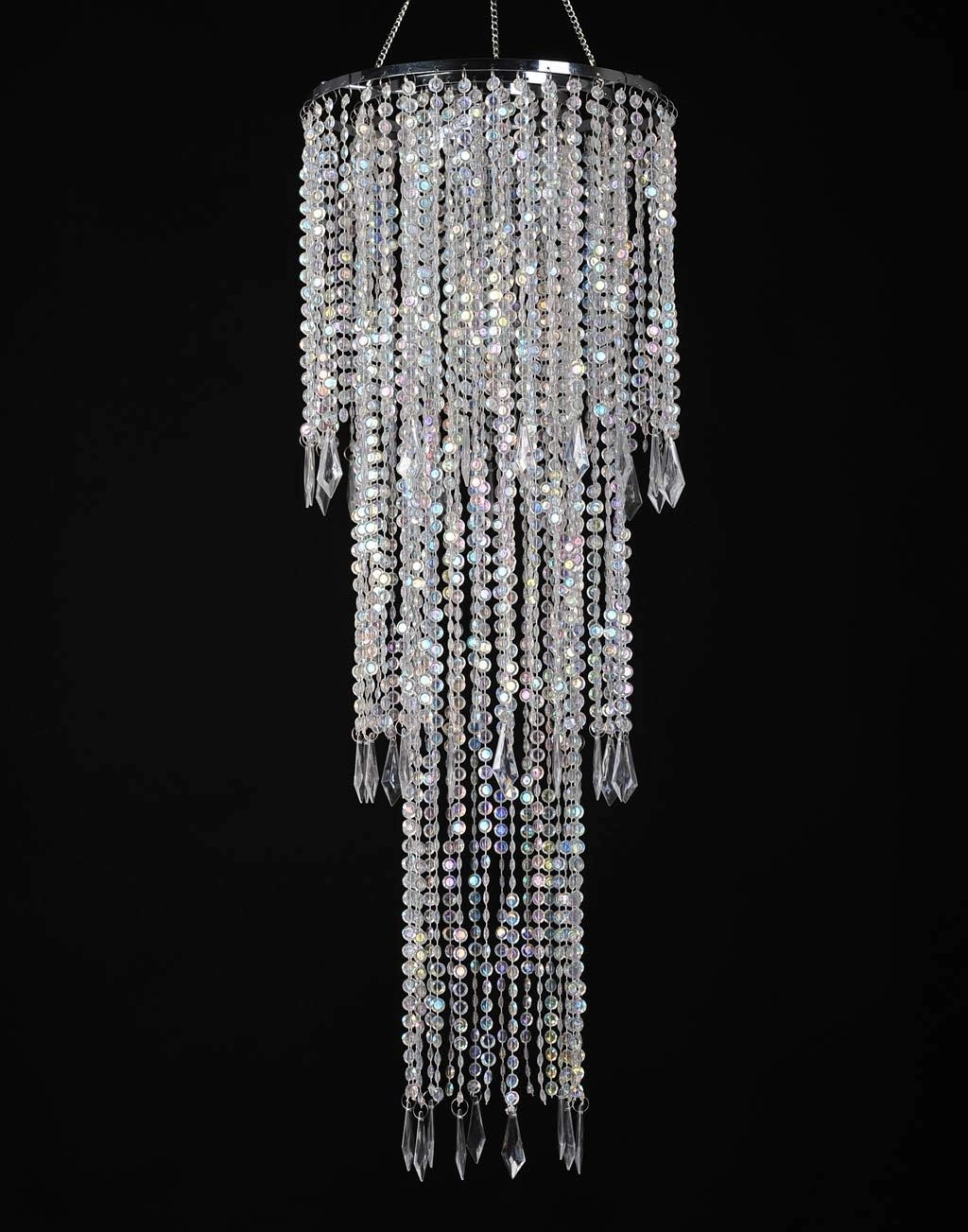 FlavorThings Sparkling Iridescent Acrylic Beaded Hanging Chandelier, 3 Tiers, 10.25" Diameter x 30" Tall, Indoor, Iridescent