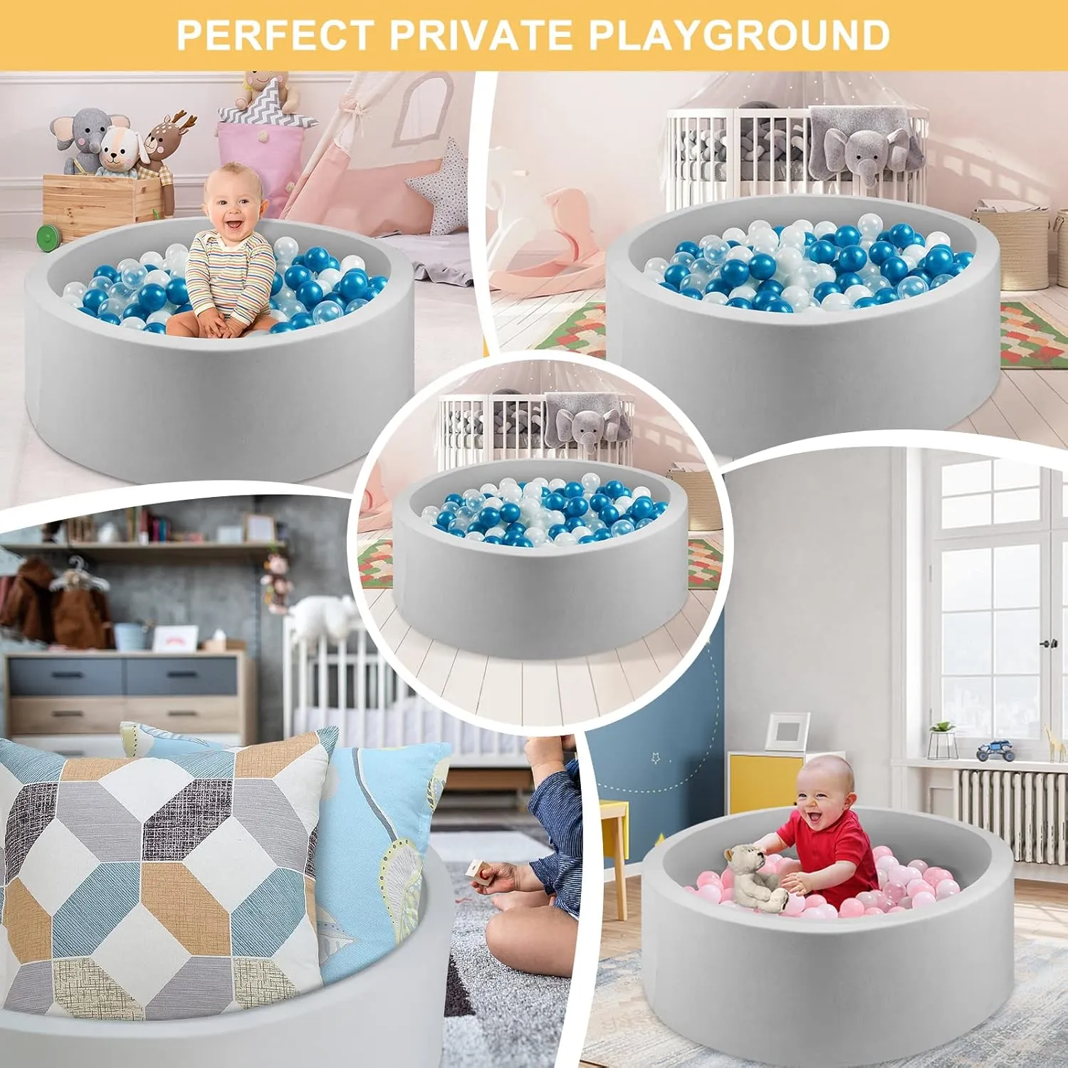 Foam Ball Pit for Kids Toddlers, Round Soft Ball Pit, Kids Memory Ball Pits, Ideal Gift Toys for Children - (Balls NOT Included) - 36” x 12 - Grey