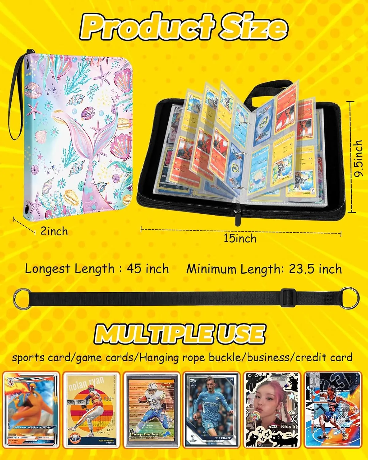 for 4 Pocket Card Binder with 440 Pockets - Trading Card Collection Album Folder for Men Boys Teens Fish Tail Design for Sports Cards Game Cards with Zipper Hand Carrying Rope