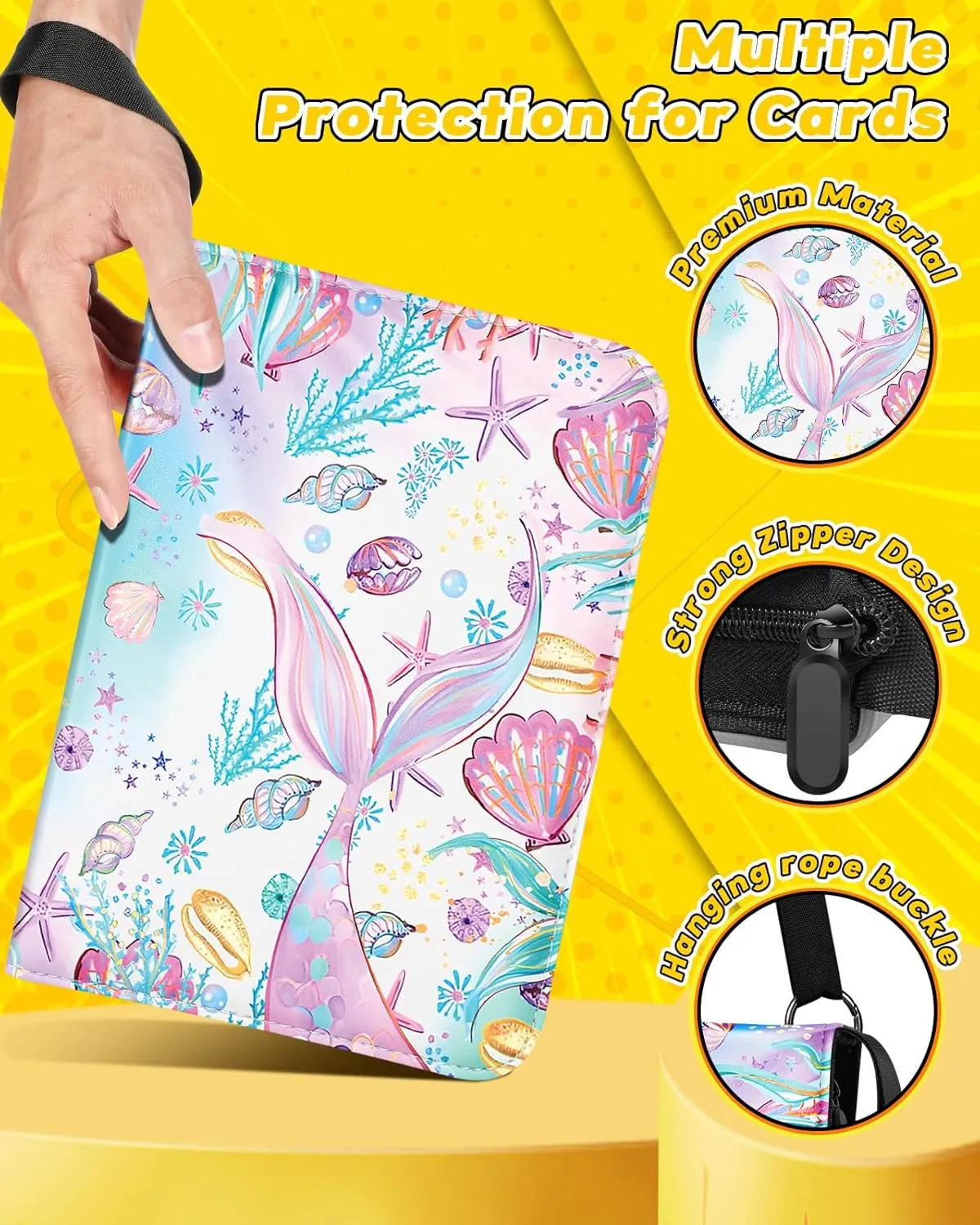 for 4 Pocket Card Binder with 440 Pockets - Trading Card Collection Album Folder for Men Boys Teens Fish Tail Design for Sports Cards Game Cards with Zipper Hand Carrying Rope