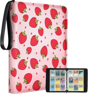 for 9 Pocket Card Binder Large Capacity for 900 Cards - Trading Card Collection Album Folder Double Sided Pocket with Zipper Strawberry for Girls Girly Teens for Sports Cards Game Cards