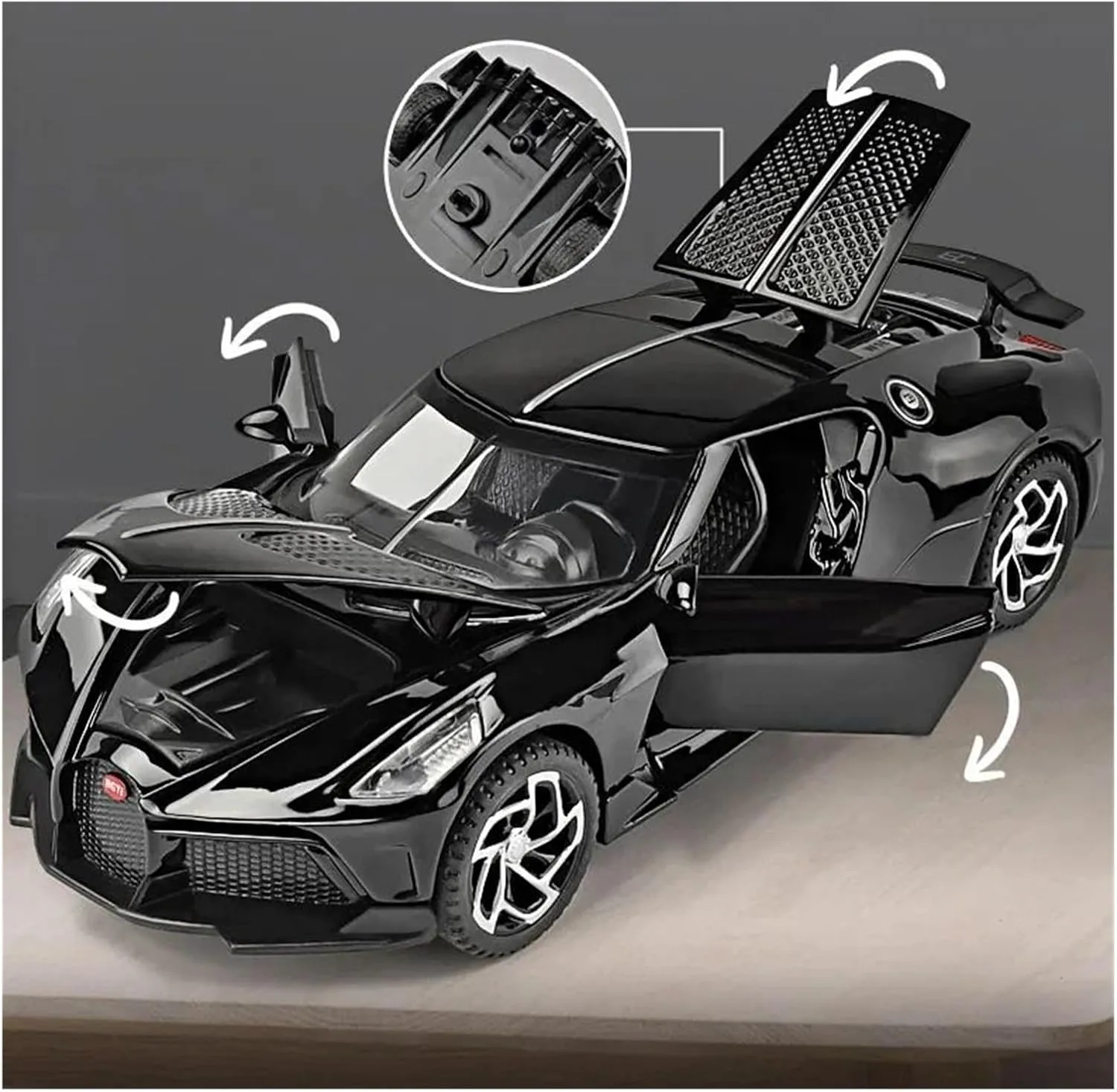 for Bugatti La Voiture Noire 1:32 Die-cast Alloy Model Metal Casting Sound and Light Moveable Simulation Car(Bright Black)