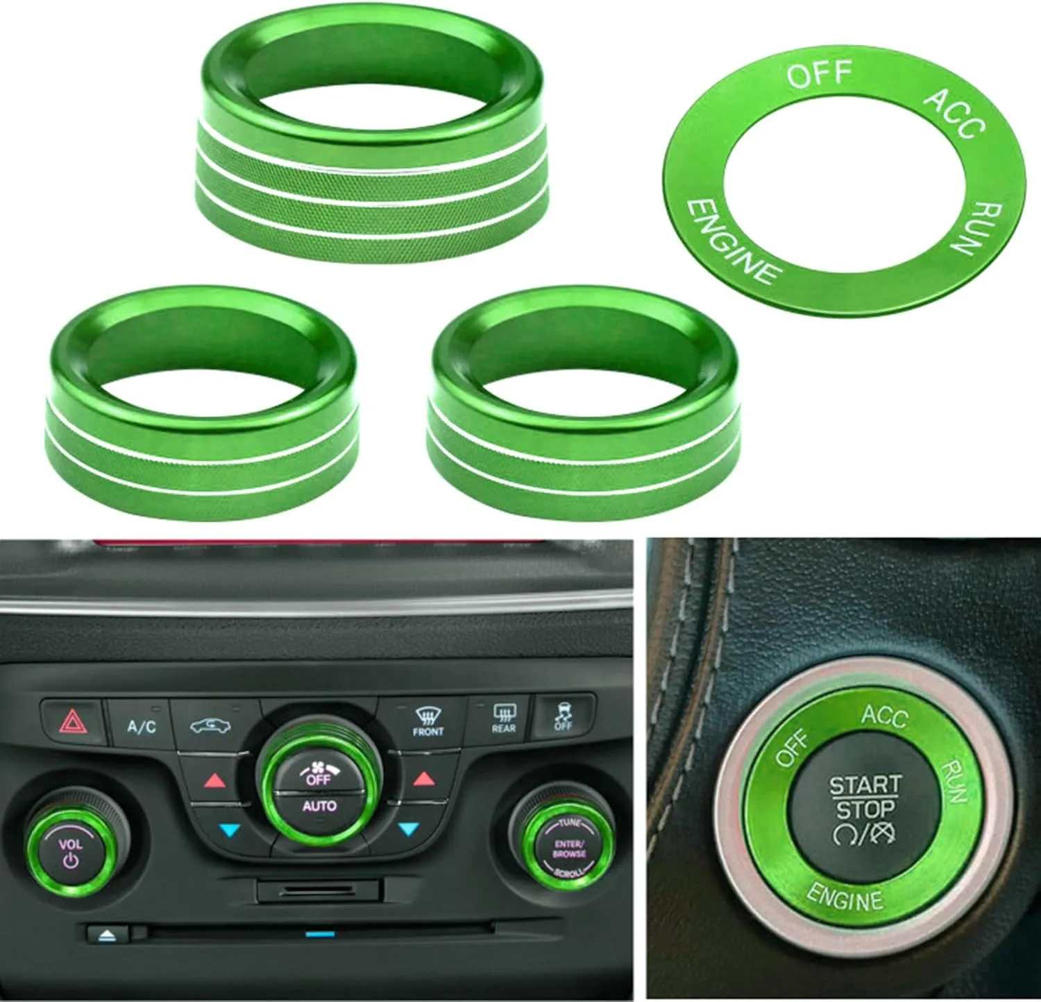 for Challeger Air Conditioner Turn Signal Light Climate Volume Auto Center Console Knob Ring Compatible with Dodge Challenger/Charger/Chrysler Stop Start Button Sticker 2015-2019 (Green)