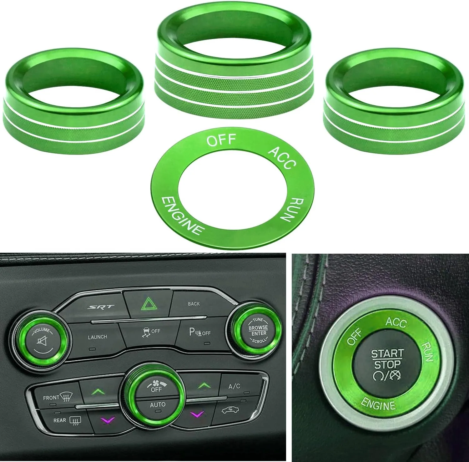 for Challeger Air Conditioner Turn Signal Light Climate Volume Auto Center Console Knob Ring Compatible with Dodge Challenger/Charger/Chrysler Stop Start Button Sticker 2015-2019 (Green)