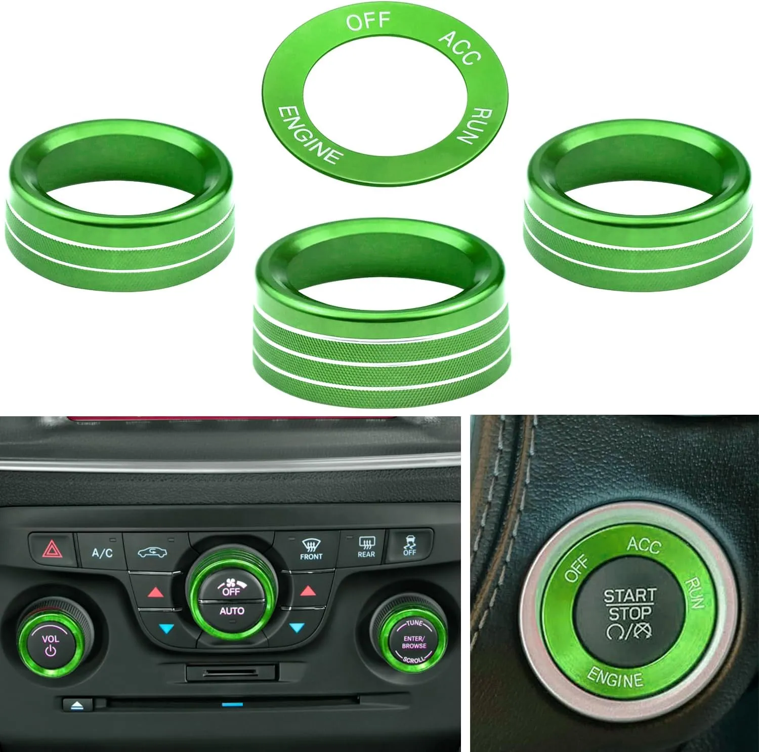 for Challeger Air Conditioner Turn Signal Light Climate Volume Auto Center Console Knob Ring Compatible with Dodge Challenger/Charger/Chrysler Stop Start Button Sticker 2015-2019 (Green)