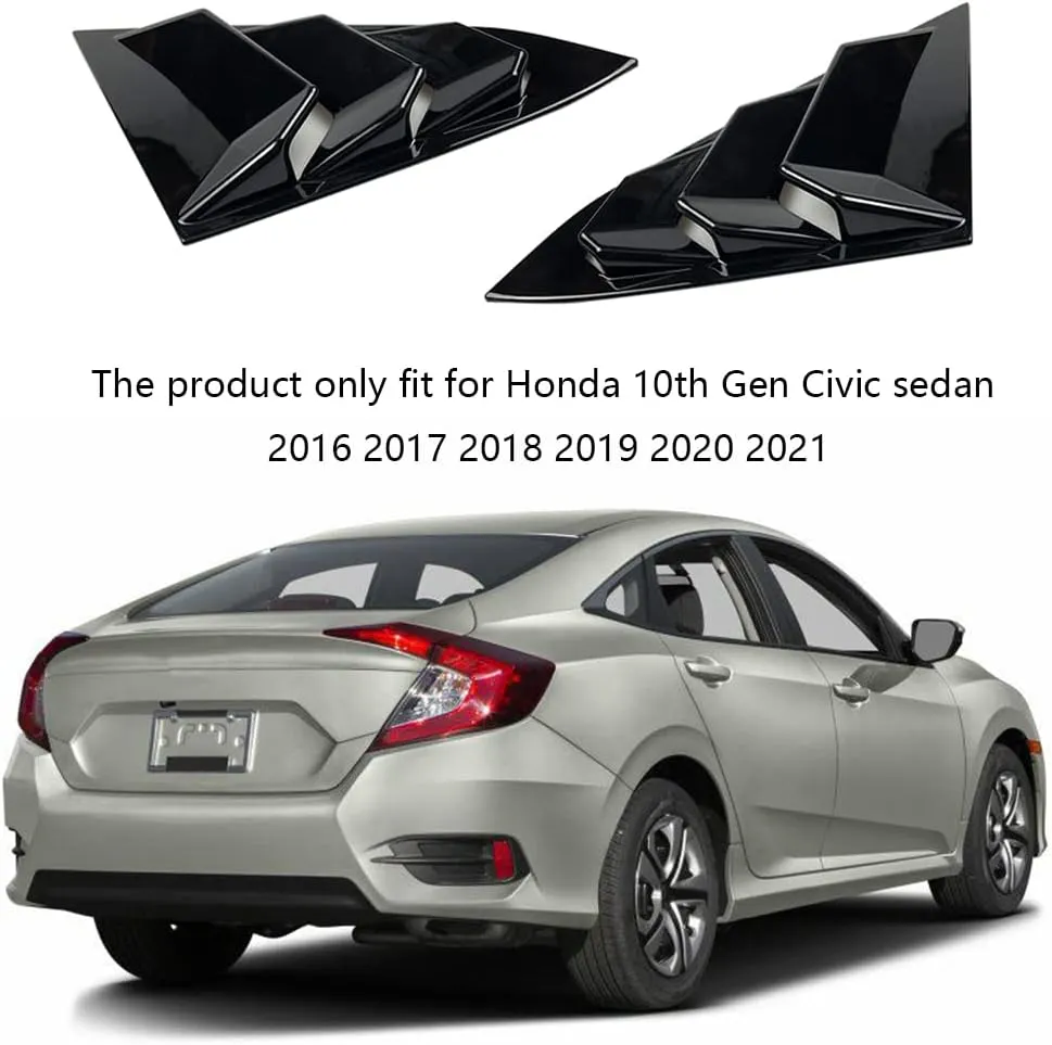 for Honda 10th Gen Civic 2016-2021 Rear Side Window Louver Decorate Cover Rear Air Vent Window Louvers Blinds Covers Auto Accessories (10th Gen Civic Sedan, Bright Black)