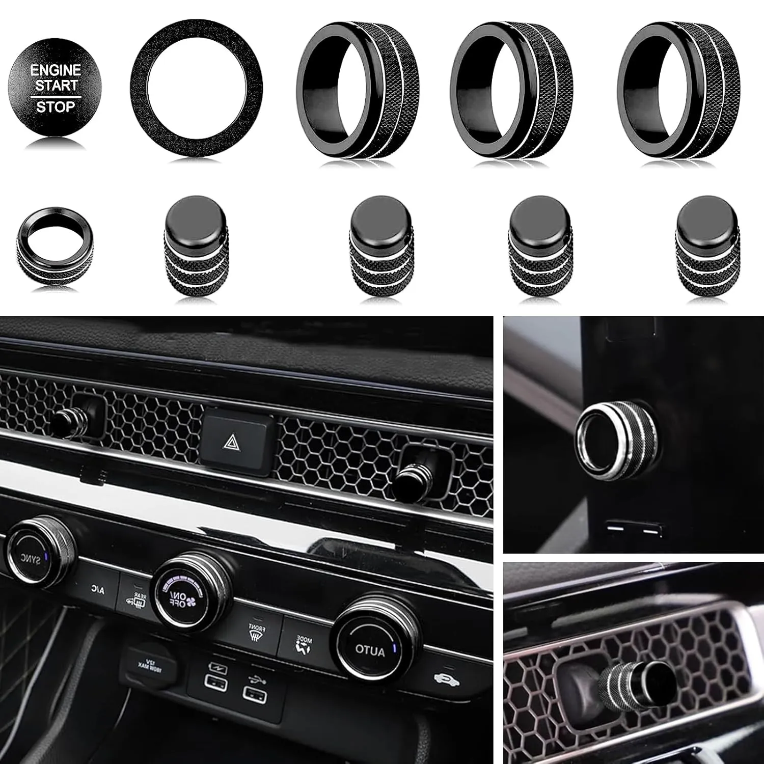 for Honda Civic/CRV Accessories (2022-2025) for Acura Integra (2023-2025) Air Conditioning, Vent Knob Cover Start/Stop Button Ring, Air Conditioning Climate Control Knob Button (10PCS, Black)