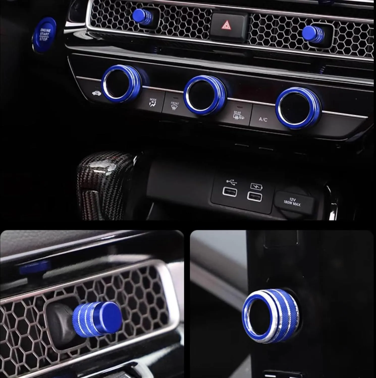 for Honda Civic/CRV Accessories (2022-2025) for Acura Integra (2023-2025) Air Conditioning, Vent Knob Cover Start/Stop Button Ring, Air Conditioning Climate Control Knob Button (10PCS, Blue)