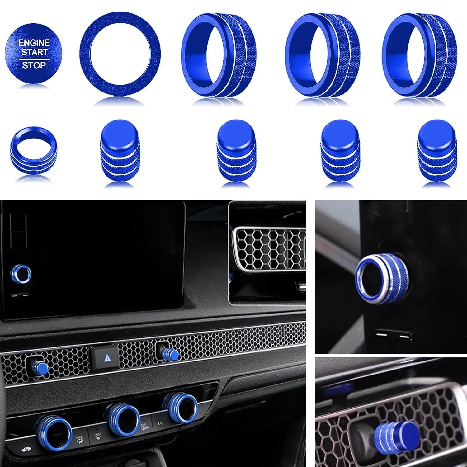 for Honda Civic/CRV Accessories (2022-2025) for Acura Integra (2023-2025) Air Conditioning, Vent Knob Cover Start/Stop Button Ring, Air Conditioning Climate Control Knob Button (10PCS, Blue)