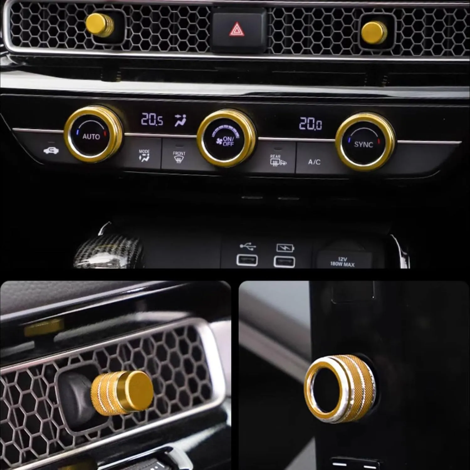 for Honda Civic/CRV Accessories (2022-2025) for Acura Integra (2023-2025) Air Conditioning, Vent Knob Cover Start/Stop Button Ring, Air Conditioning Climate Control Knob Button (10PCS, Gold)
