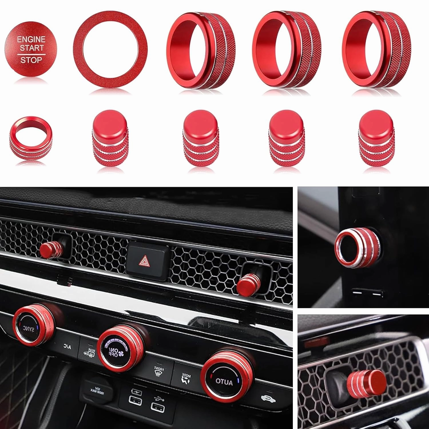 for Honda Civic/CRV Accessories (2022-2025) for Acura Integra (2023-2025) Air Conditioning, Vent Knob Cover Start/Stop Button Ring, Air Conditioning Climate Control Knob Button (10PCS, red)