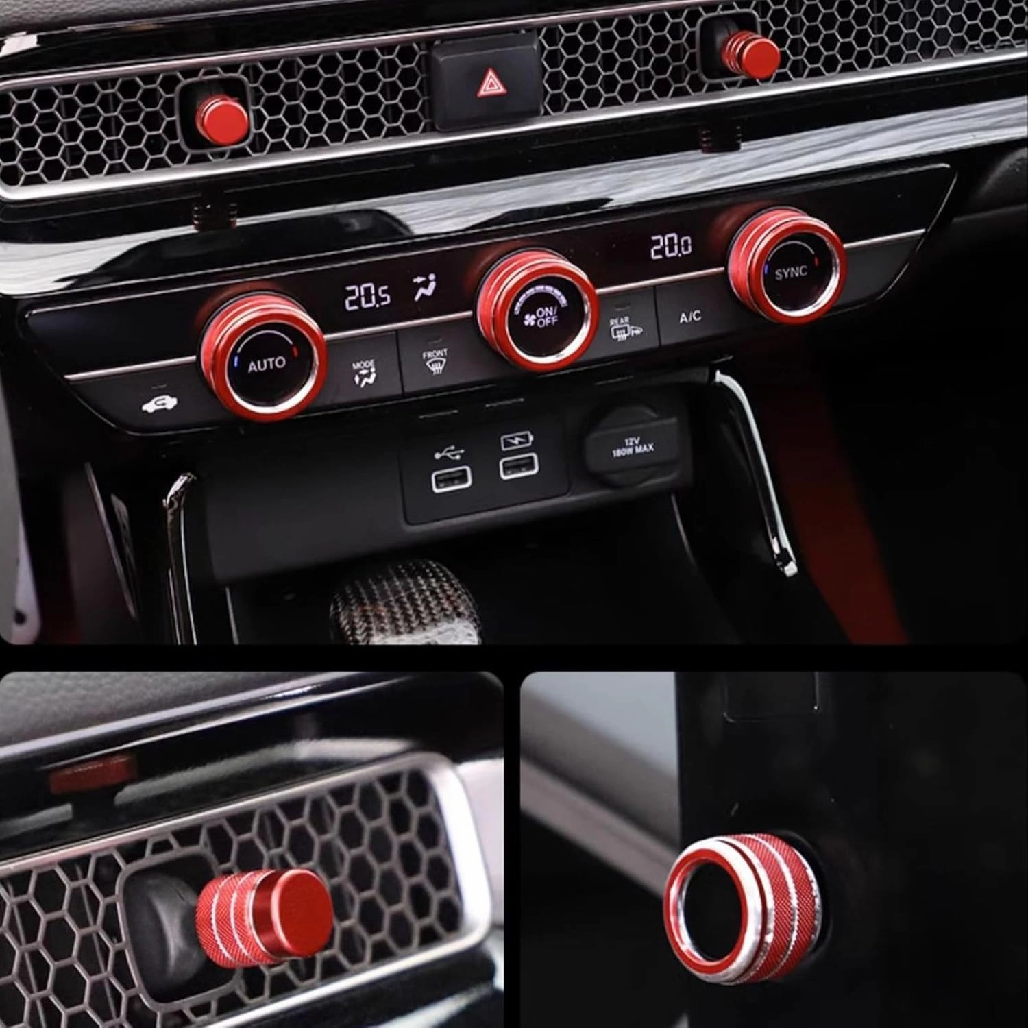 for Honda Civic/CRV Accessories (2022-2025) for Acura Integra (2023-2025) Air Conditioning, Vent Knob Cover Start/Stop Button Ring, Air Conditioning Climate Control Knob Button (10PCS, red)