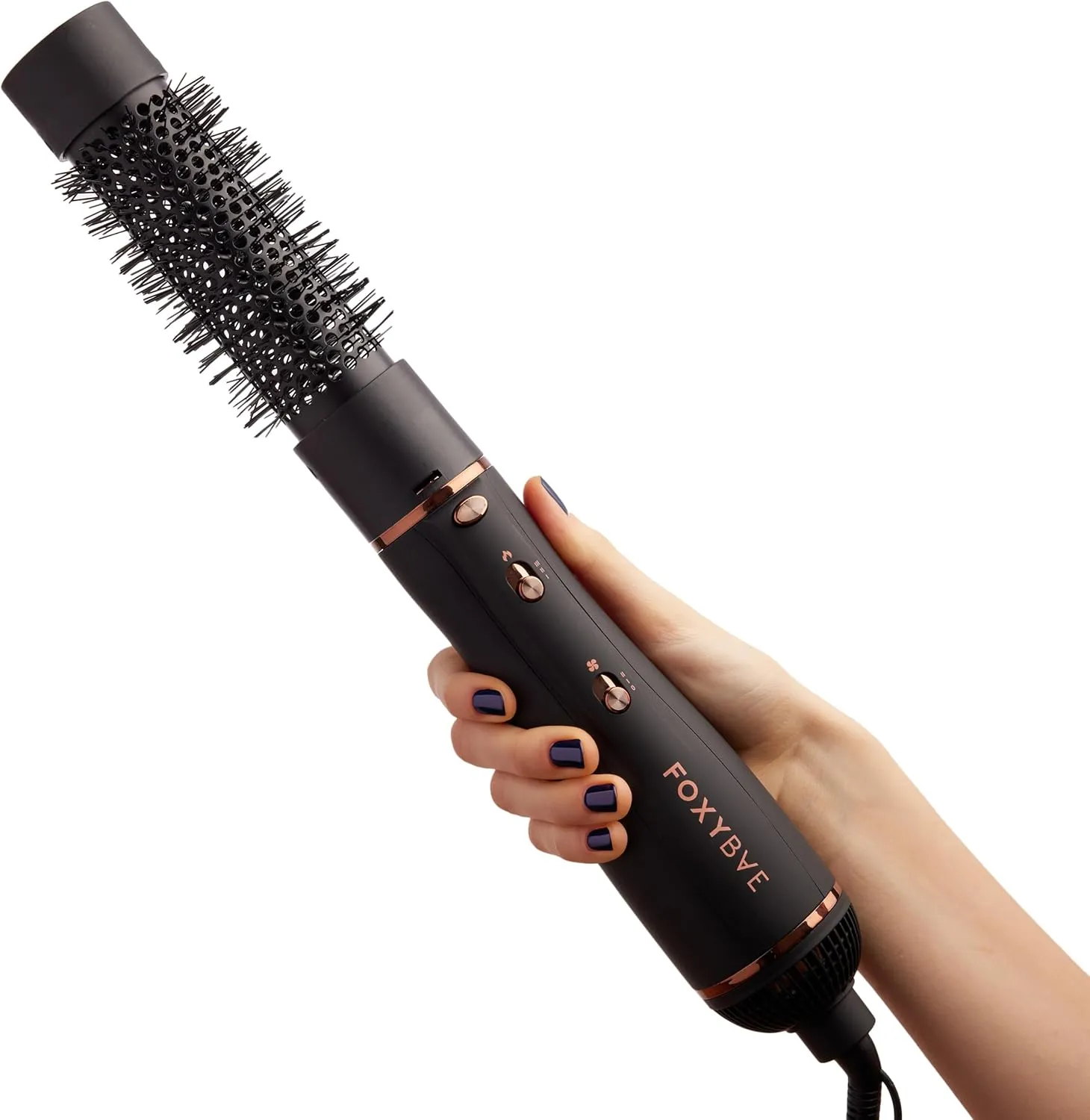 FoxyBae 3-in-1 Ceramic Interchangeable Hair Tools - Blowout Dryer - 3 Detachable Heads: 2.4" Blowout-Brush, 1.5" Hot Round Brush & Drying Cylinder Hair-Dryer & Hair Styling Set (Black Rose-Gold)