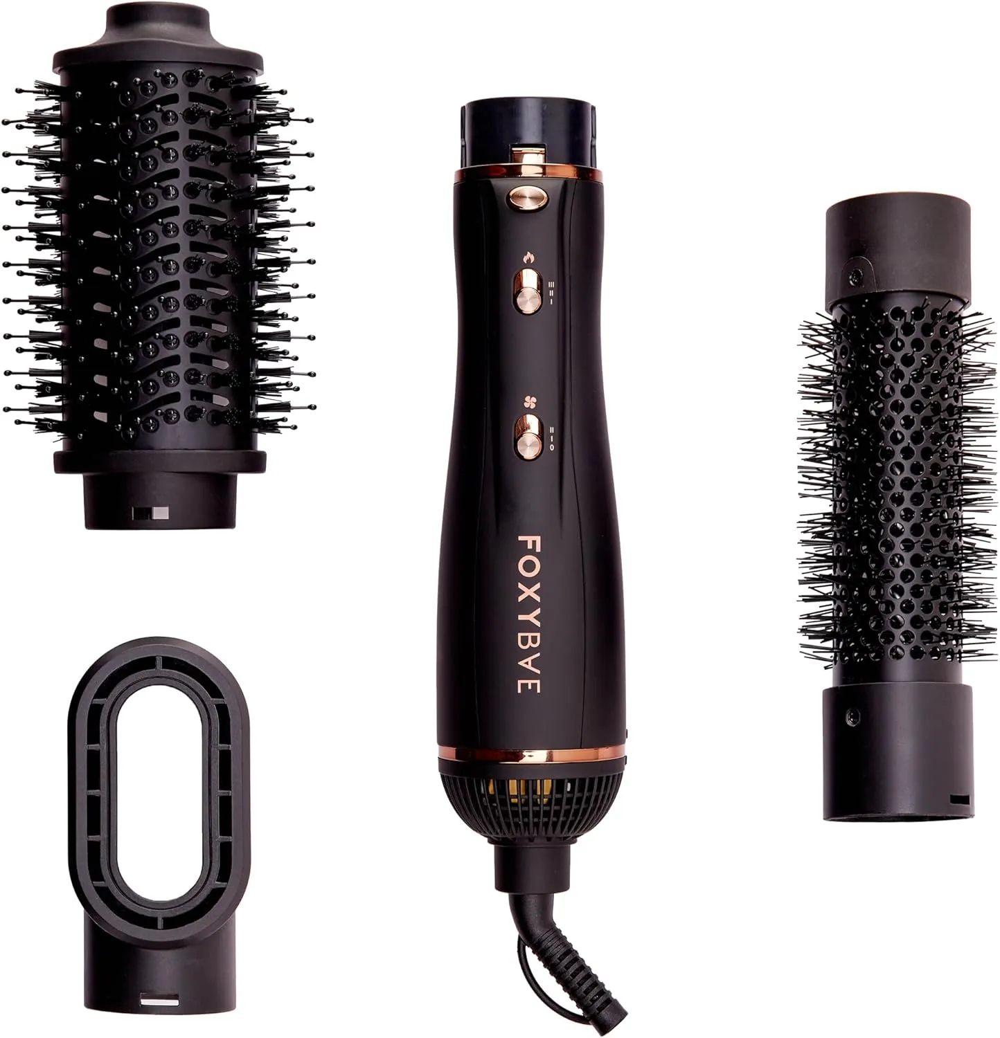 FoxyBae 3-in-1 Ceramic Interchangeable Hair Tools - Blowout Dryer - 3 Detachable Heads: 2.4" Blowout-Brush, 1.5" Hot Round Brush & Drying Cylinder Hair-Dryer & Hair Styling Set (Black Rose-Gold)