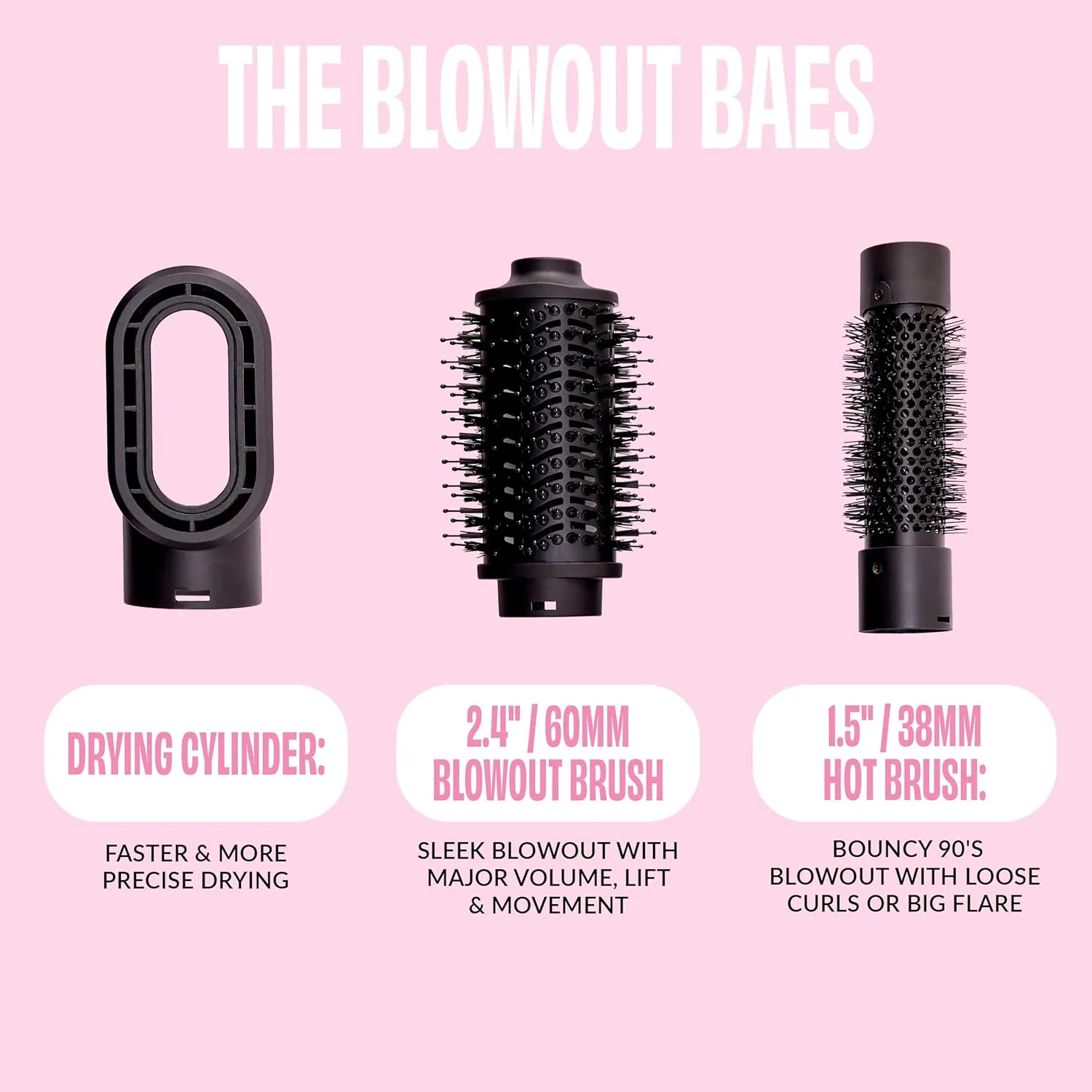FoxyBae 3-in-1 Ceramic Interchangeable Hair Tools - Blowout Dryer - 3 Detachable Heads: 2.4" Blowout-Brush, 1.5" Hot Round Brush & Drying Cylinder Hair-Dryer & Hair Styling Set (Black Rose-Gold)