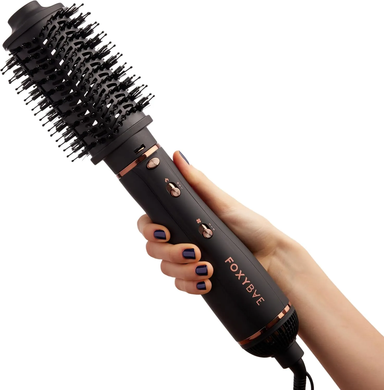 FoxyBae 3-in-1 Ceramic Interchangeable Hair Tools - Blowout Dryer - 3 Detachable Heads: 2.4" Blowout-Brush, 1.5" Hot Round Brush & Drying Cylinder Hair-Dryer & Hair Styling Set (Black Rose-Gold)