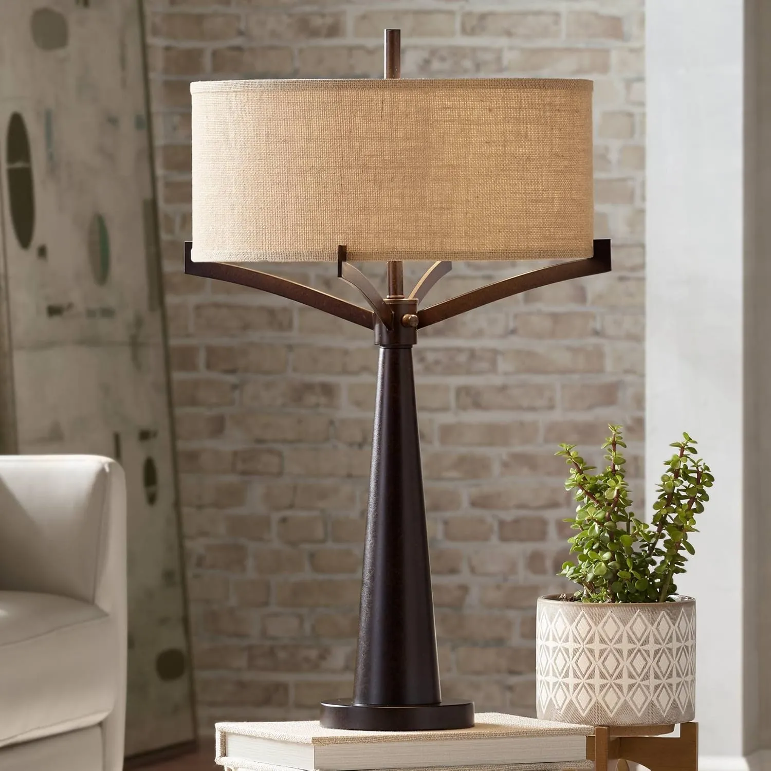 Franklin Iron Works Tremont Rustic Farmhouse Table Lamp 31 1/2" Tall Allegheny Bronze Brown Iron Burlap Fabric Drum Shade for Bedroom Living Room House Home Bedside Nightstand Office Entryway Kids
