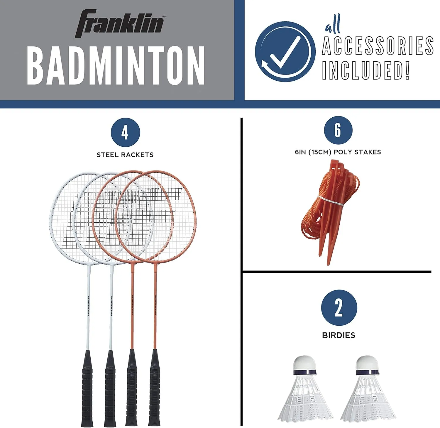 Franklin Sports Badminton Net Sets - Outdoor Backyard   Beach Badminton Net   Equipment Set - (4) Rackets   (2) Birdies   Portable Net Included - Adults   Kids Set
