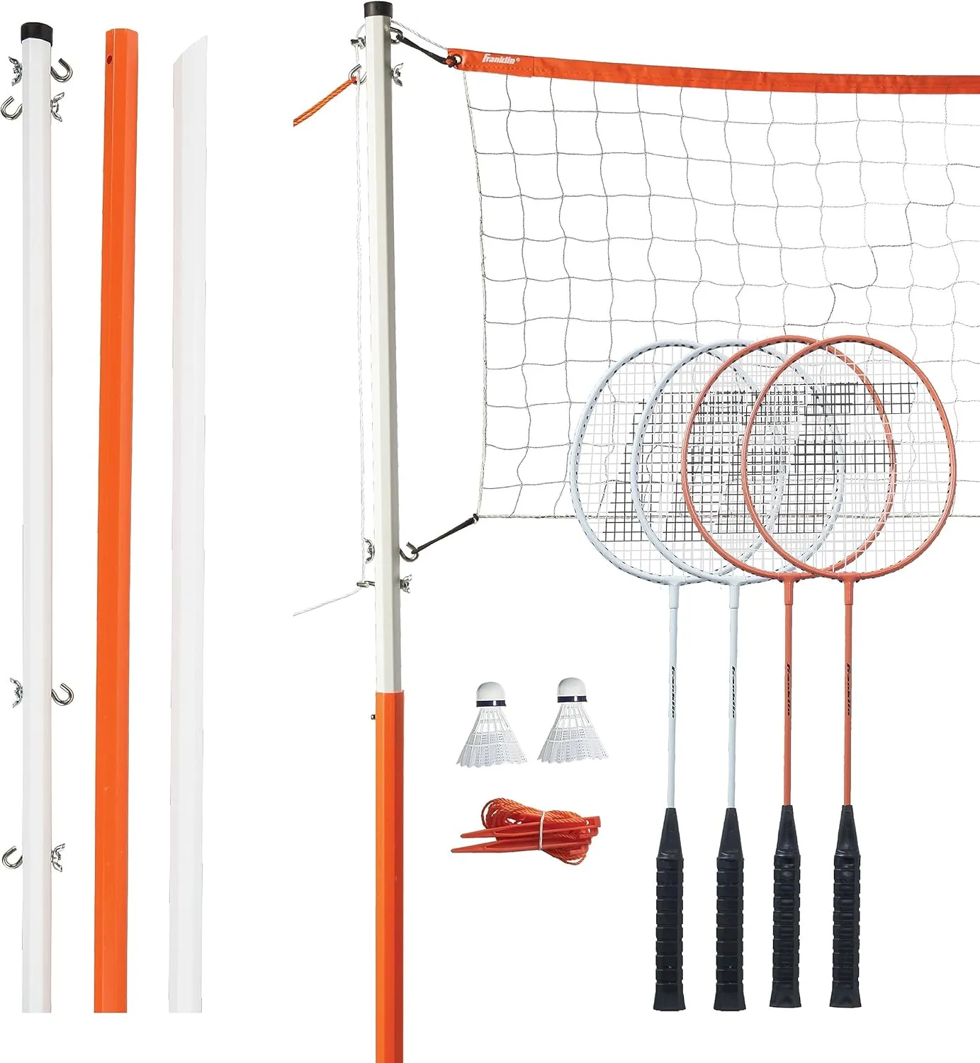 Franklin Sports Badminton Net Sets - Outdoor Backyard   Beach Badminton Net   Equipment Set - (4) Rackets   (2) Birdies   Portable Net Included - Adults   Kids Set