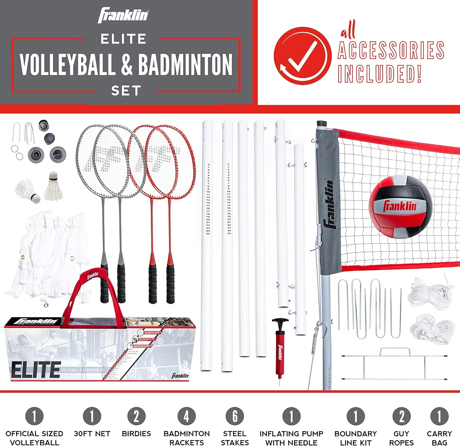 Franklin Sports Volleyball   Badminton Combo Sets - Backyard   Beach Outdoor Volleyball   Badminton Net Set - Portable Badminton   Volleyball Net with Poles - Volleyball, Rackets   Birdies Included