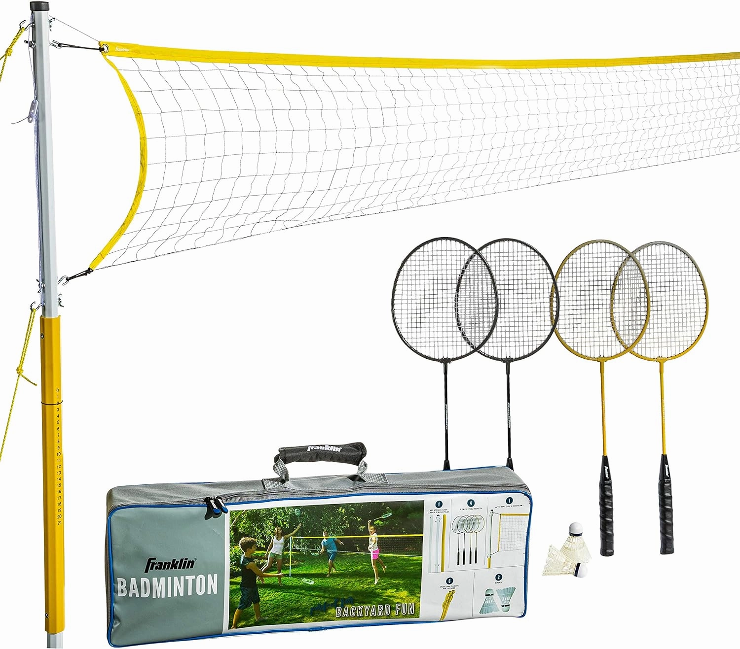 Franklin Sports Badminton Net Sets - Outdoor Backyard   Beach Badminton Net   Equipment Set - (4) Rackets   (2) Birdies   Portable Net Included - Adults   Kids Set