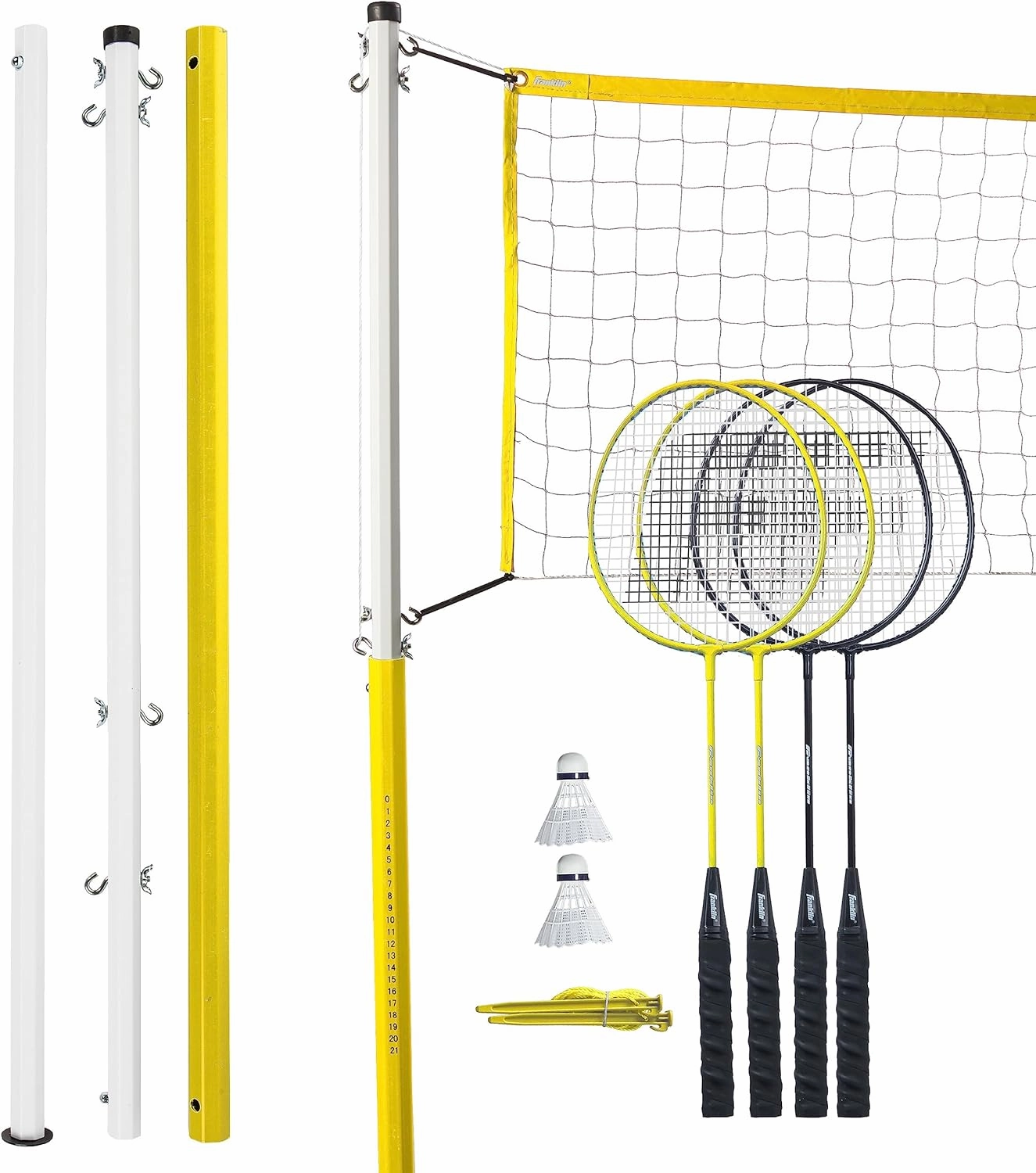 Franklin Sports Badminton Net Sets - Outdoor Backyard   Beach Badminton Net   Equipment Set - (4) Rackets   (2) Birdies   Portable Net Included - Adults   Kids Set