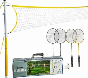 Franklin Sports Badminton Net Sets - Outdoor Backyard   Beach Badminton Net   Equipment Set - (4) Rackets   (2) Birdies   Portable Net Included - Adults   Kids Set